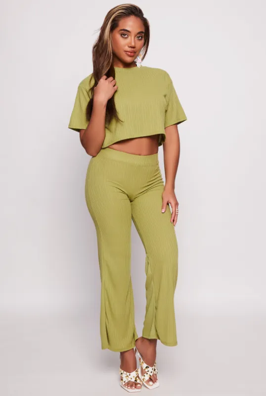 Ribbed Knit High Waist Wide Leg Pants sold by Rainbow