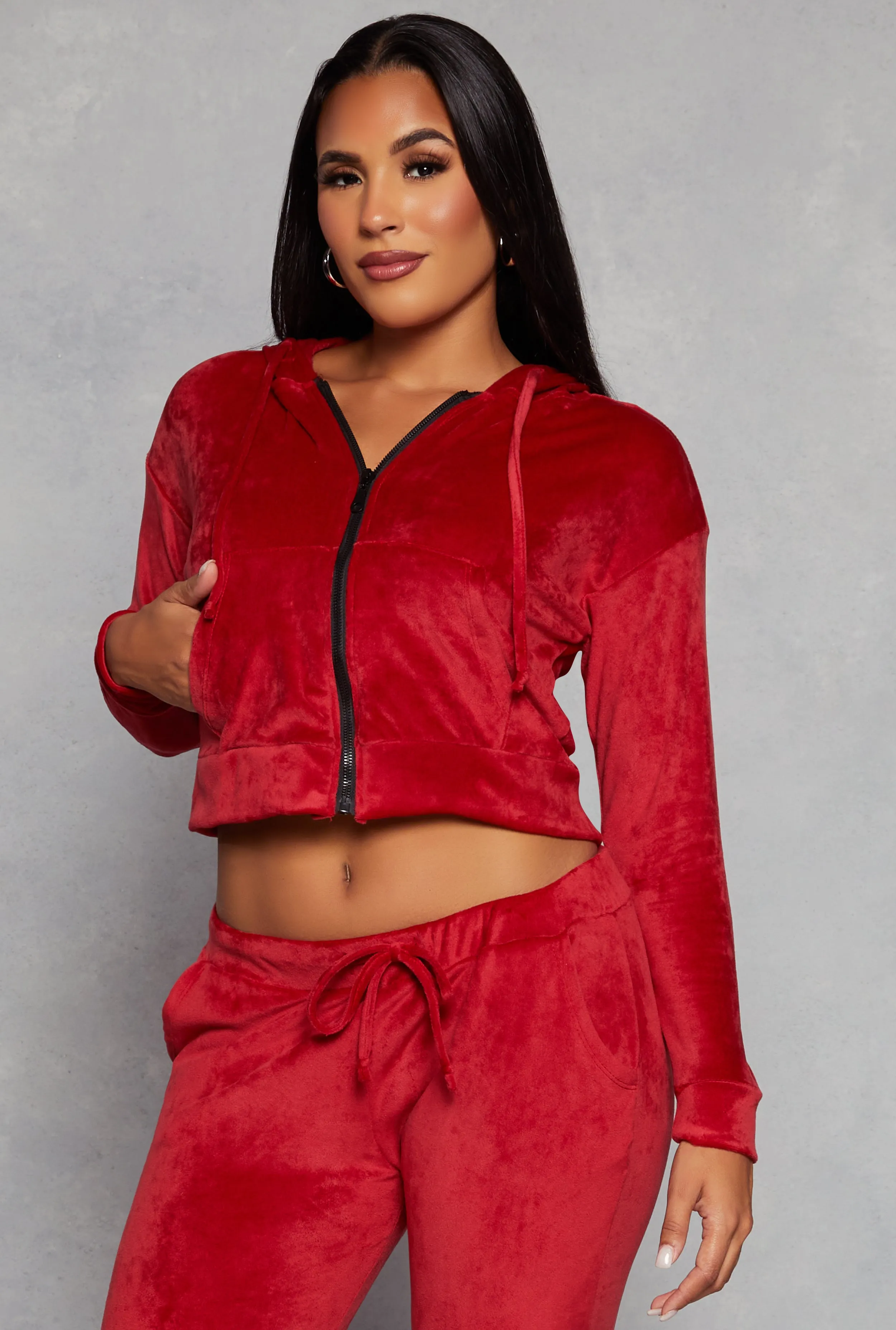 Solid Velour Zip Front Cropped Hoodie sold by Rainbow