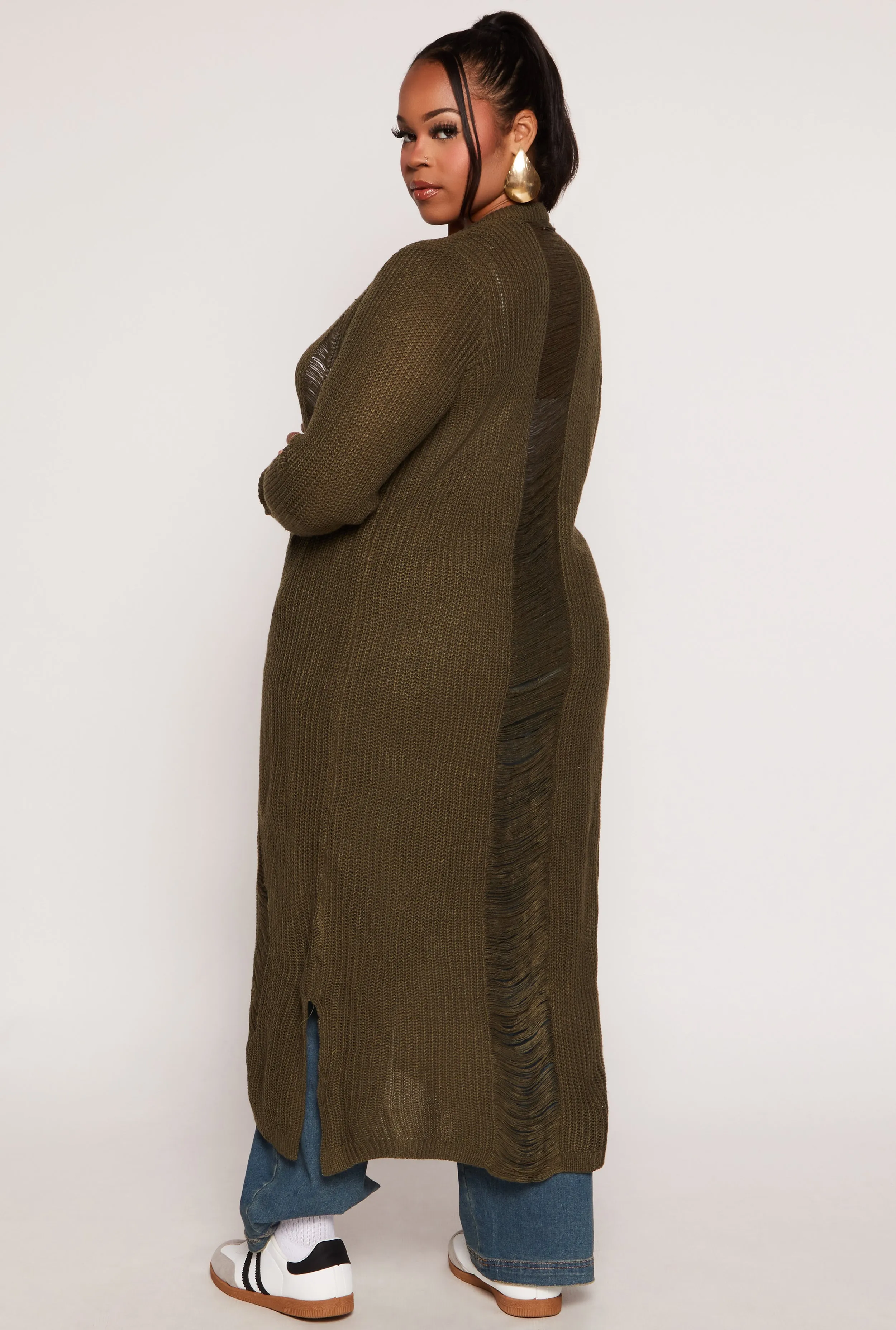 Plus Size Solid Distressed Long Cardigan sold by Rainbow product image thumbnail 3
