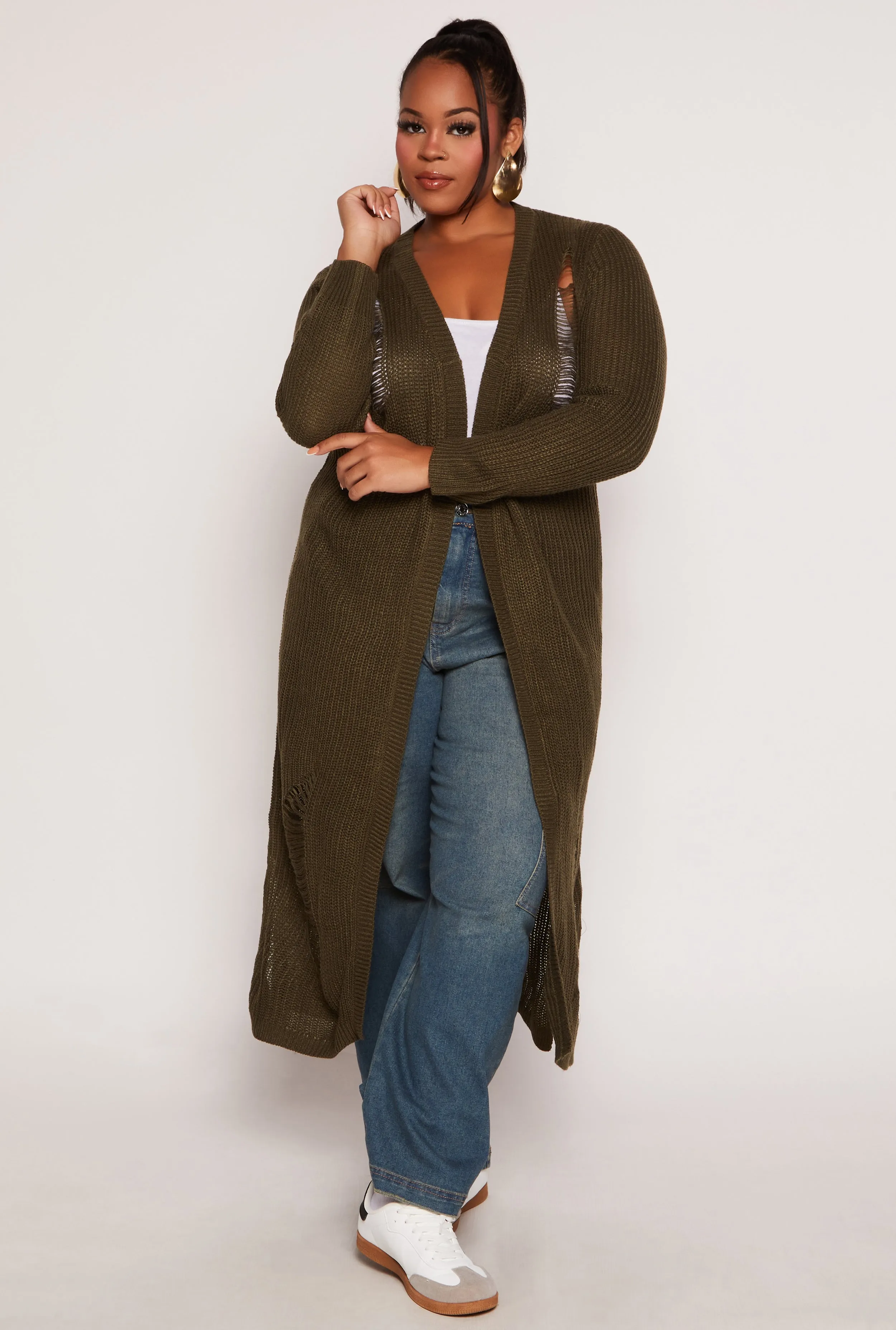 Plus Size Solid Distressed Long Cardigan sold by Rainbow product image thumbnail 2