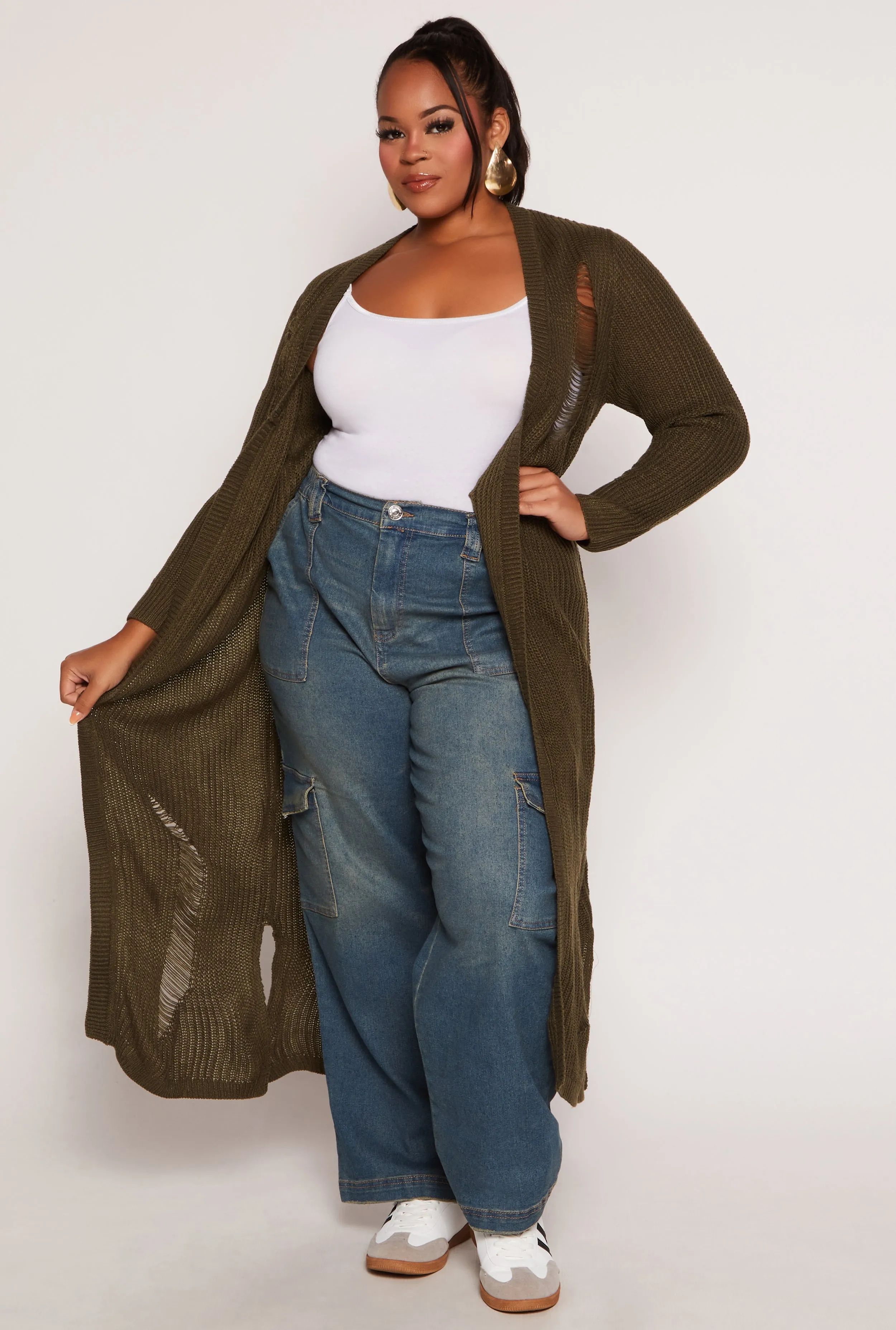 Plus Size Solid Distressed Long Cardigan sold by Rainbow