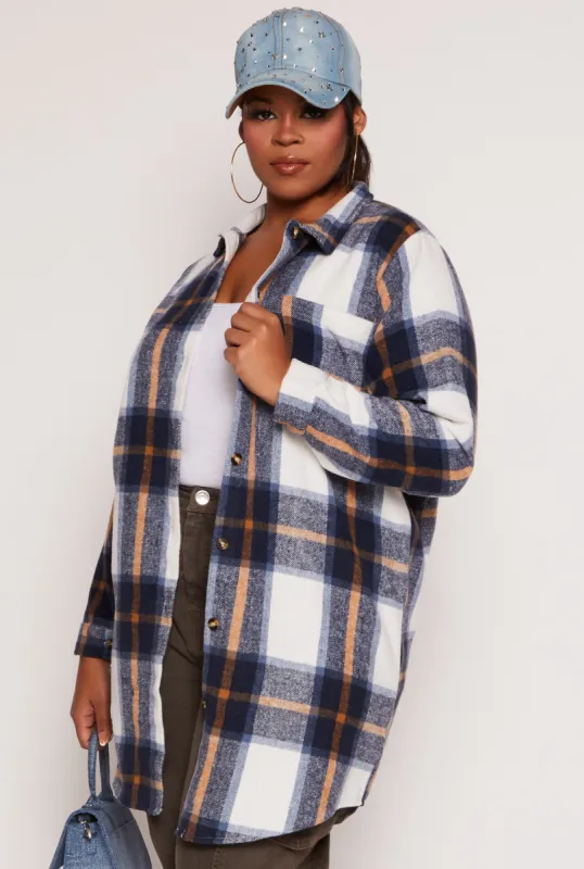 Plus Size Flannel Button Front Long Shacket sold by Rainbow