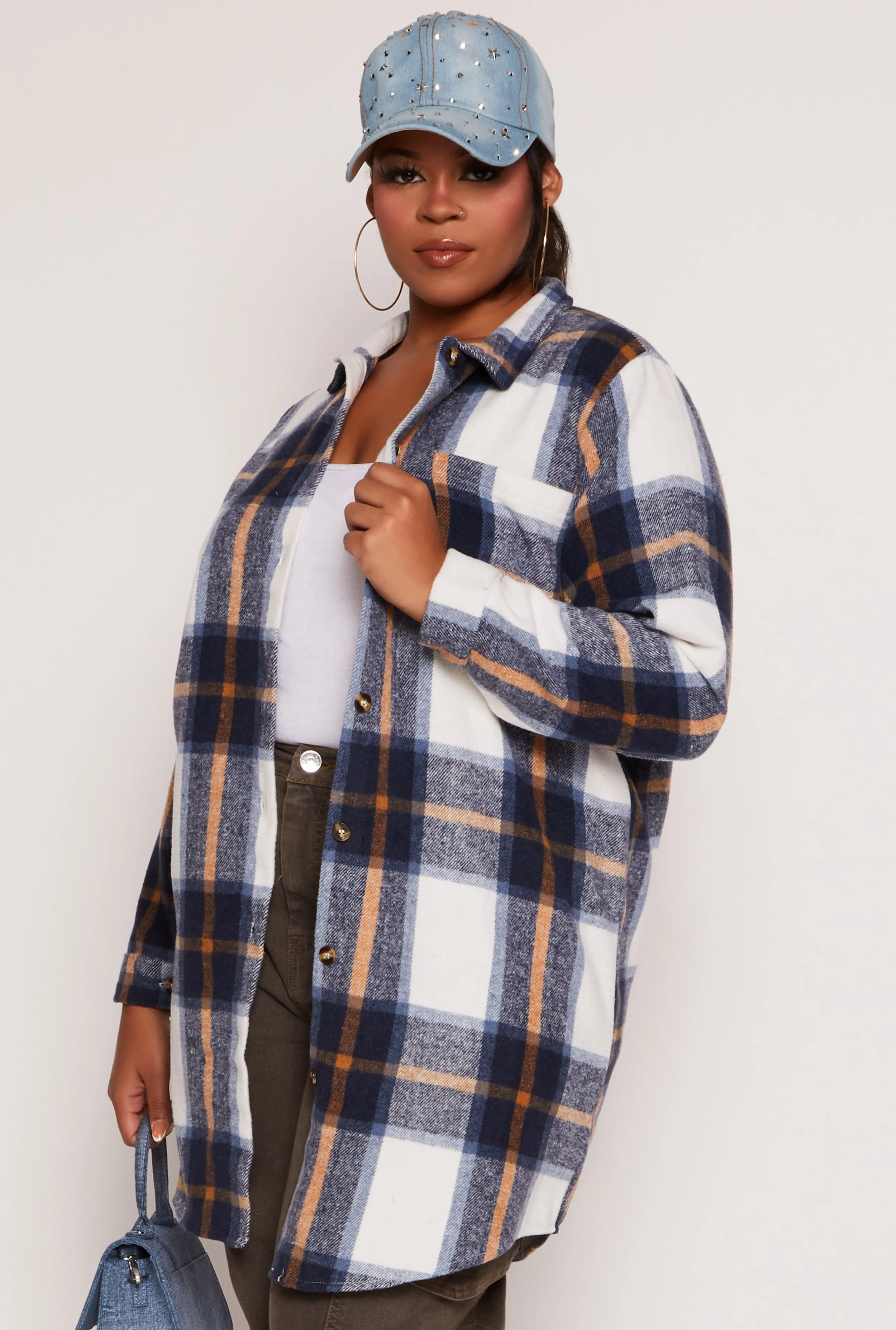 Plus Size Flannel Button Front Long Shacket sold by Rainbow