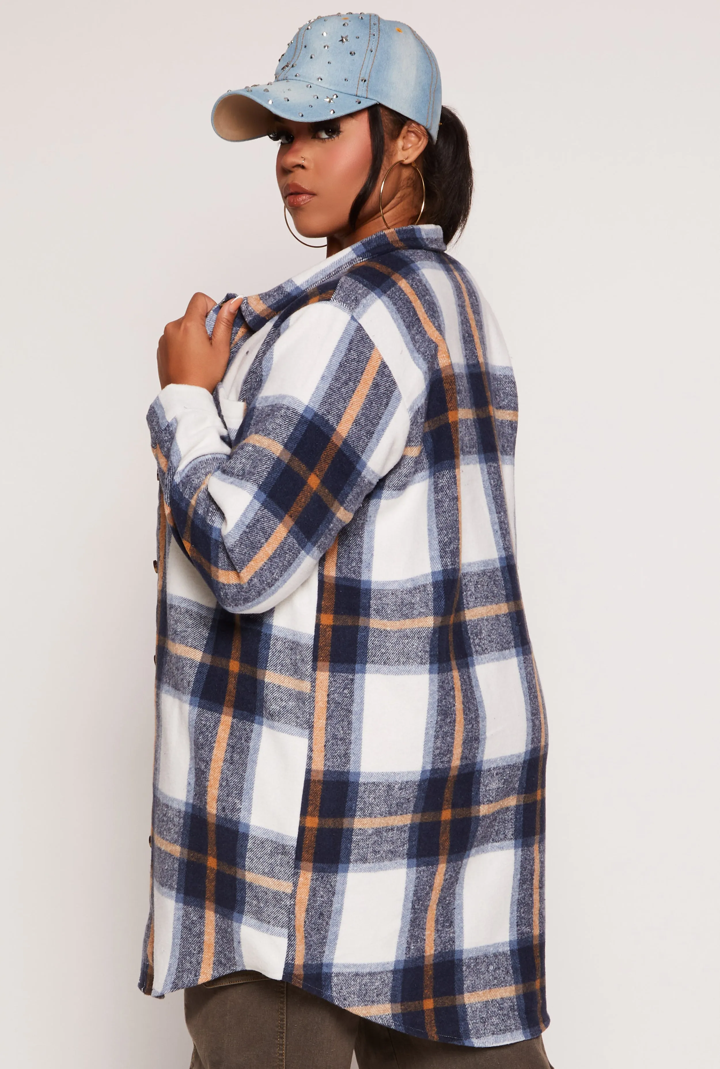 Plus Size Flannel Button Front Long Shacket sold by Rainbow product image thumbnail 3