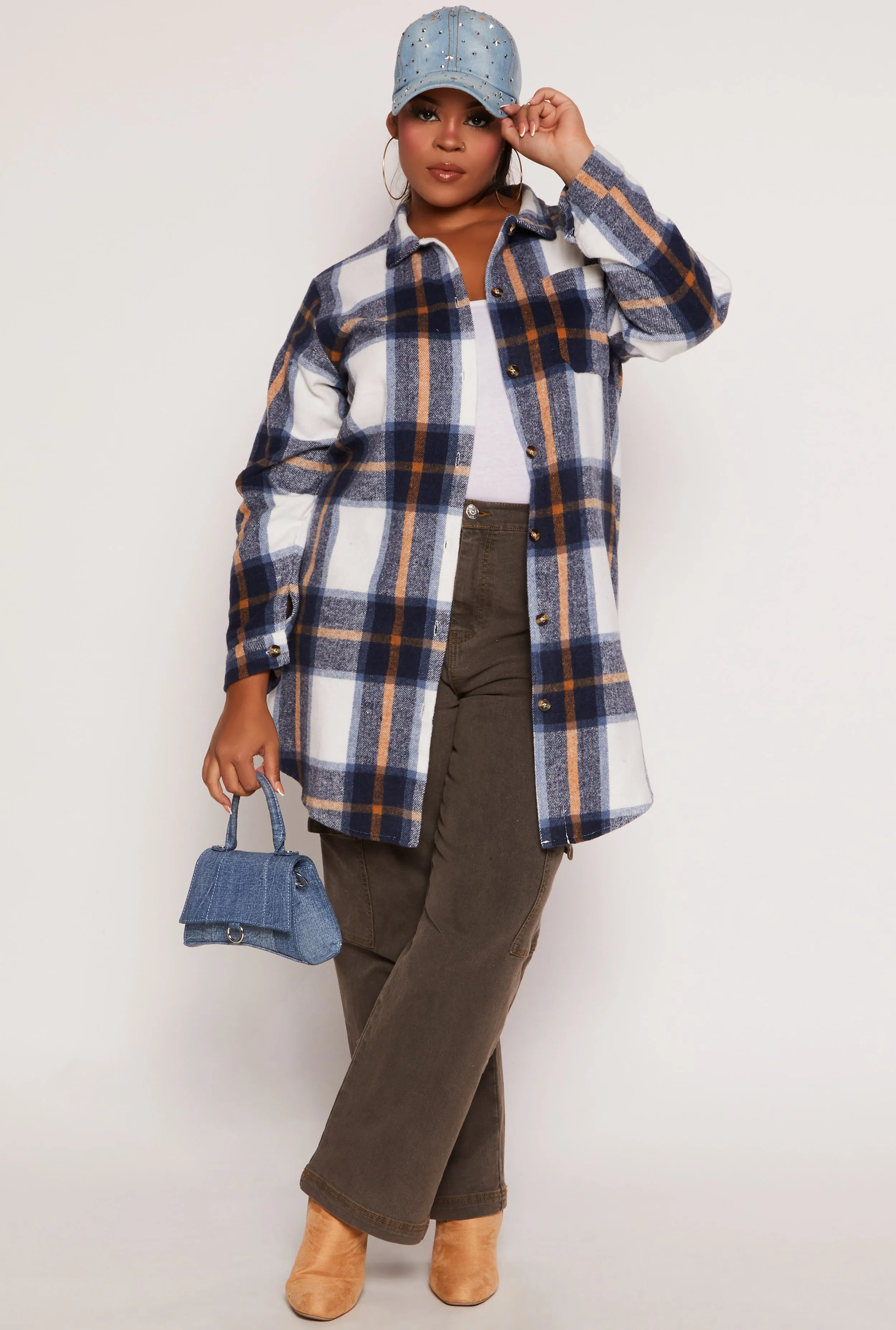 Plus Size Flannel Button Front Long Shacket sold by Rainbow product image thumbnail 2