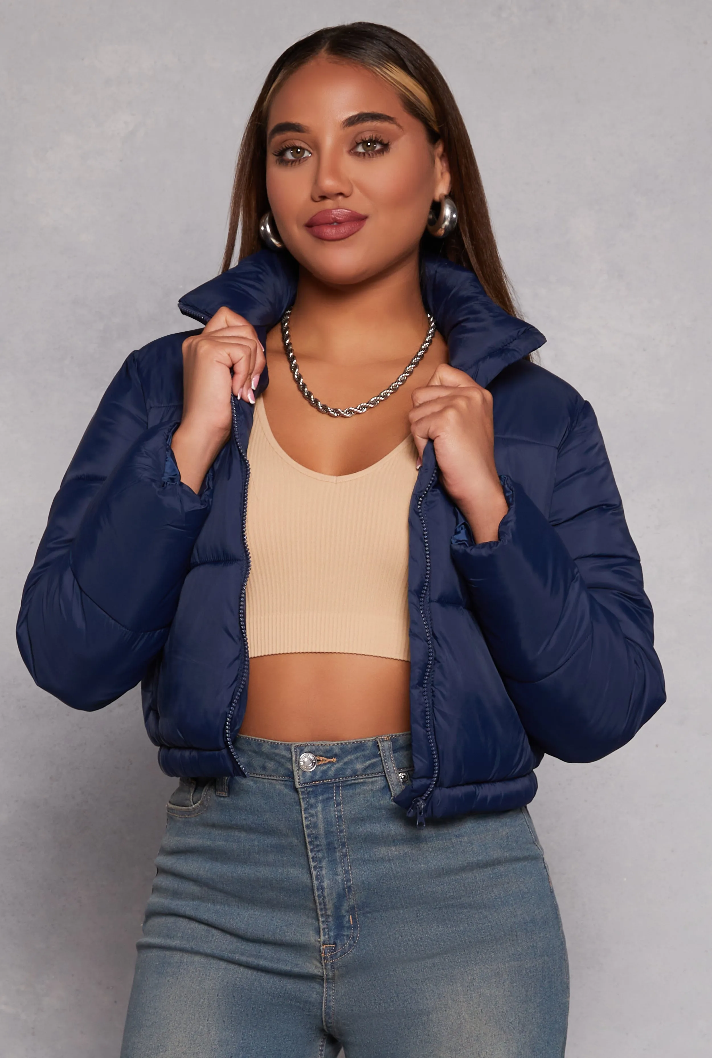 Nylon Zip Front Cropped Puffer Jacket sold by Rainbow
