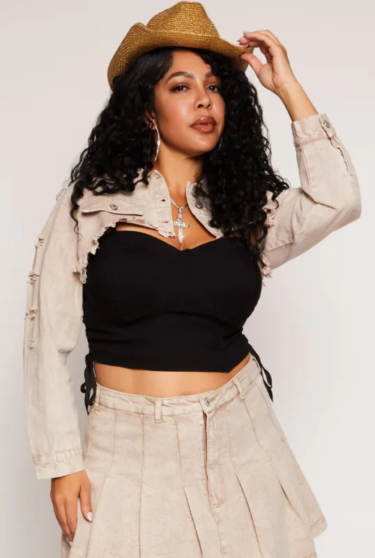 Plus Size Denim Distressed Cropped Jean Jacket sold by Rainbow