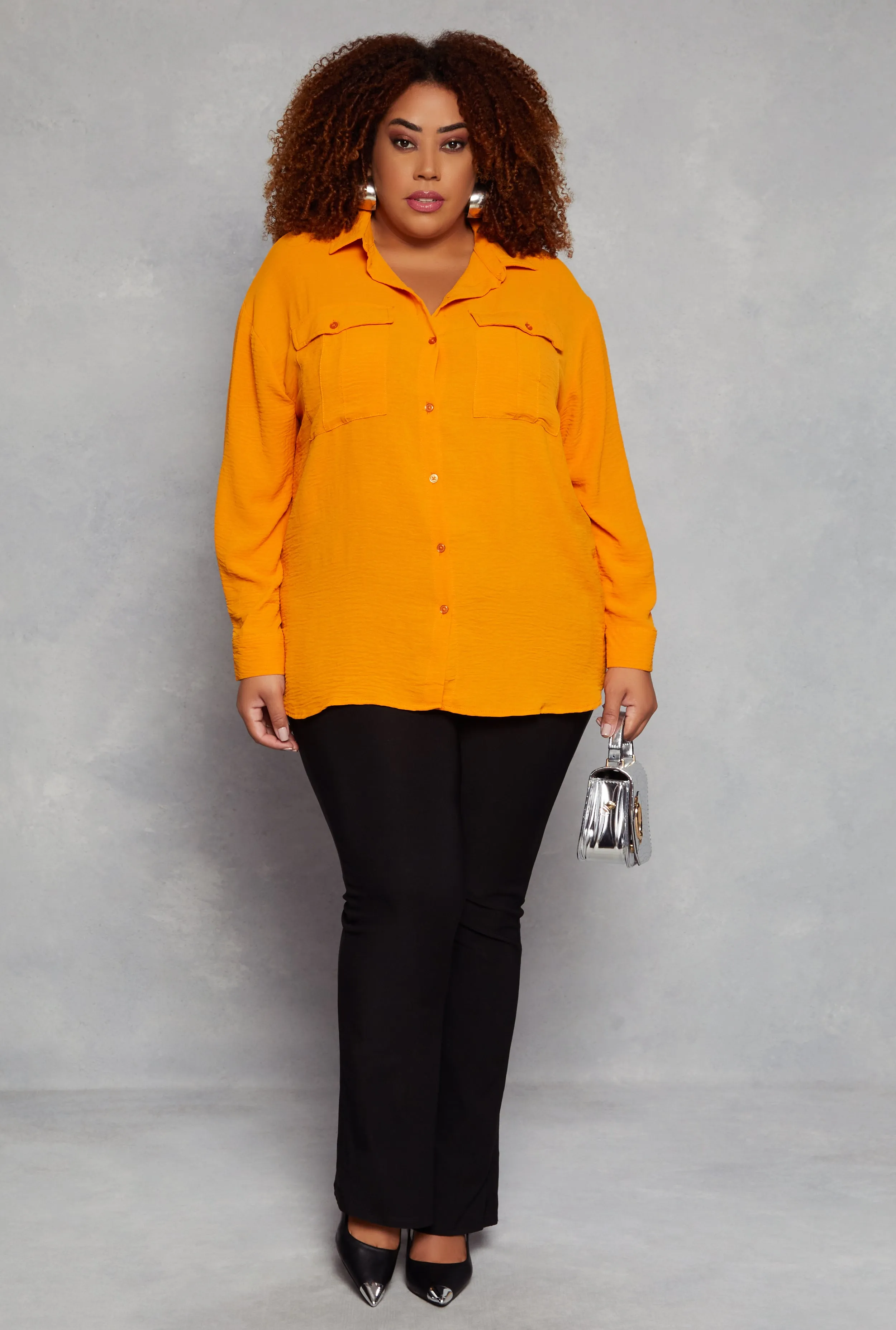 Plus Size Crepe Knit Pocket Detail Button Front Blouse sold by Rainbow product image thumbnail 2