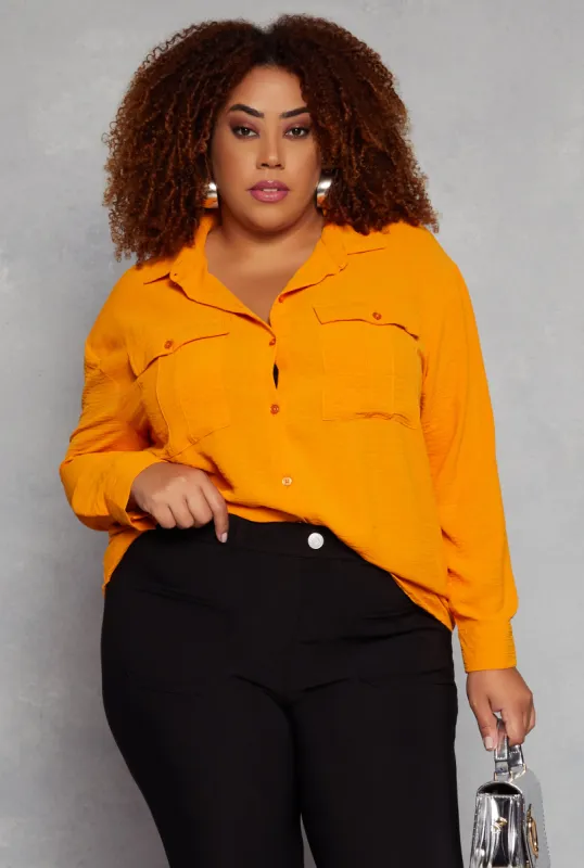 Plus Size Crepe Knit Pocket Detail Button Front Blouse sold by Rainbow