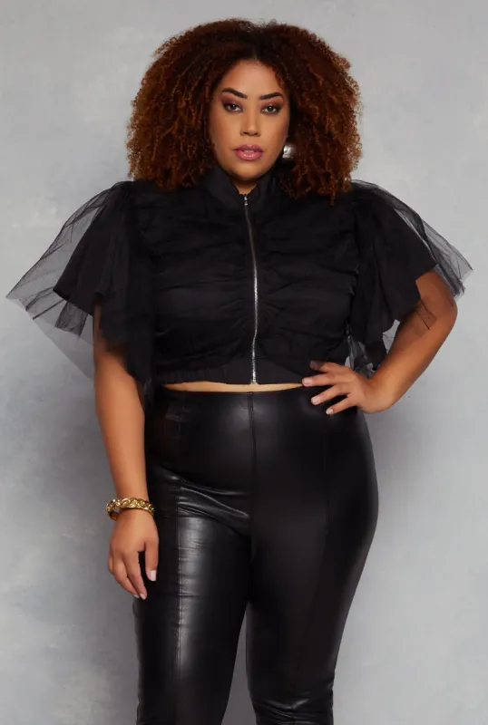 Plus Size Zip Front Tulle Sleeve Cropped Jacket sold by Rainbow
