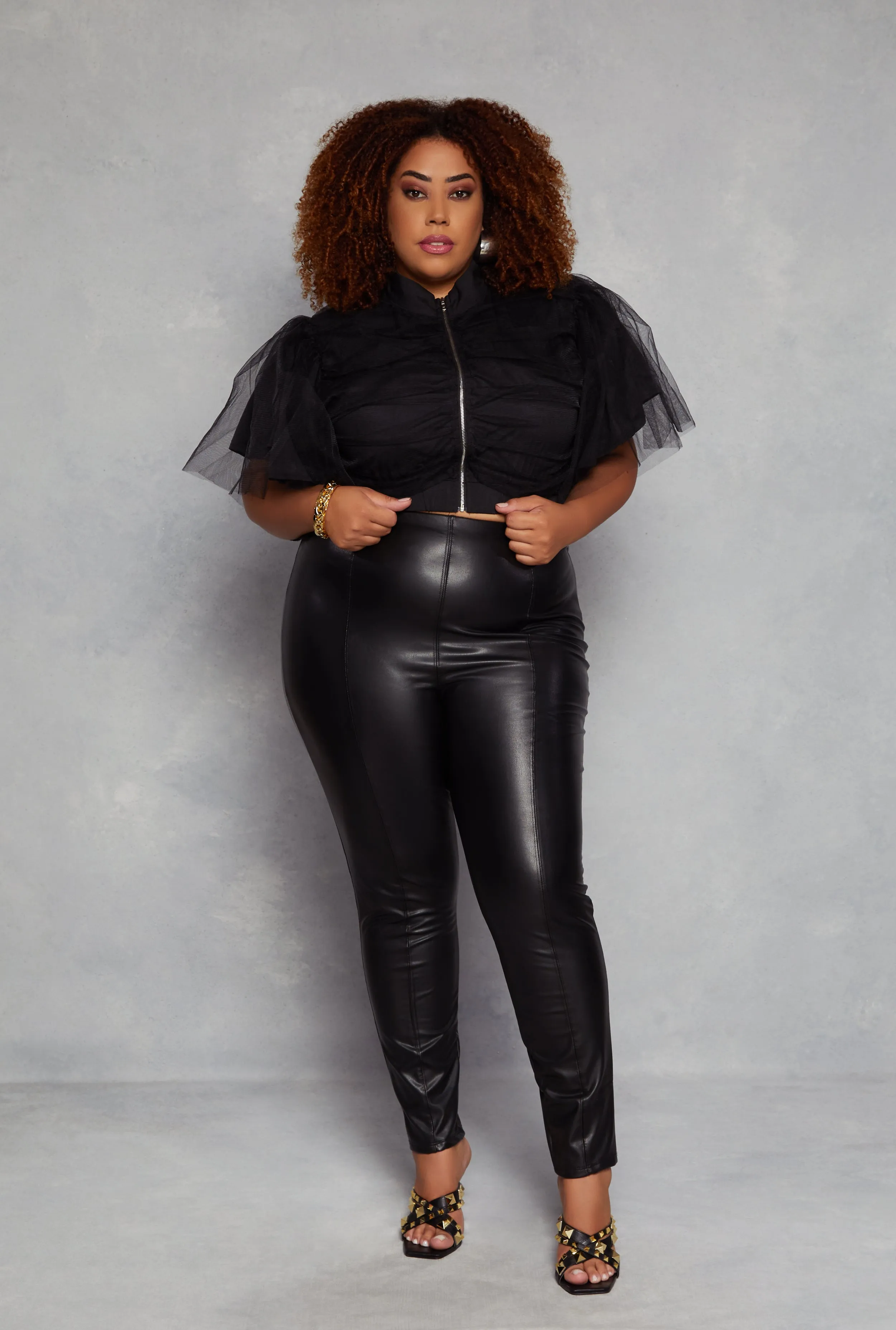 Plus Size Zip Front Tulle Sleeve Cropped Jacket sold by Rainbow product image thumbnail 2