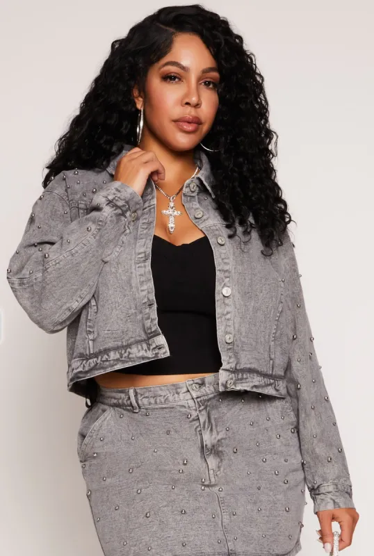 Plus Size Beaded Acid Wash Denim Jacket sold by Rainbow