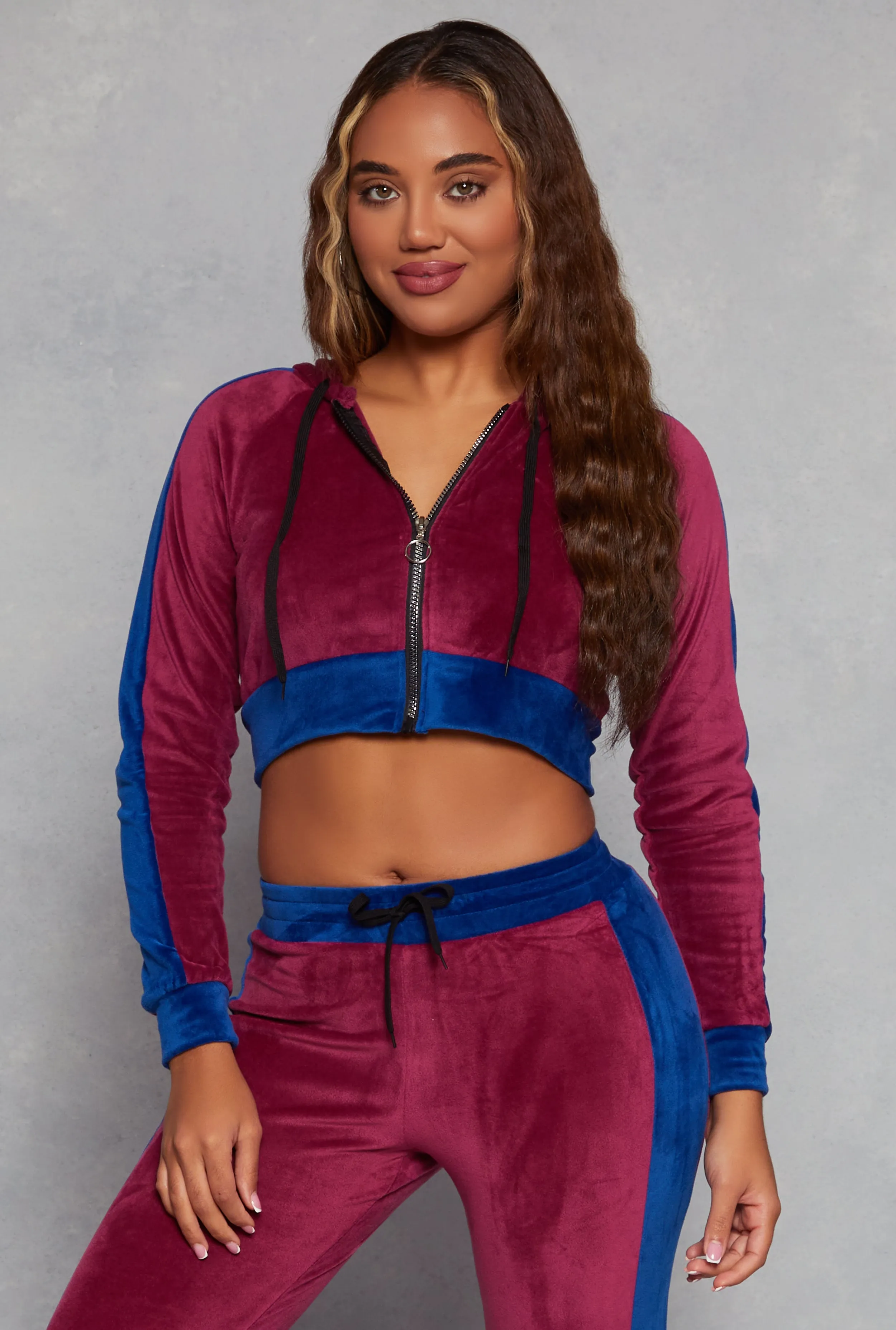 Velour Side Stripe Zip Front Cropped Hoodie sold by Rainbow