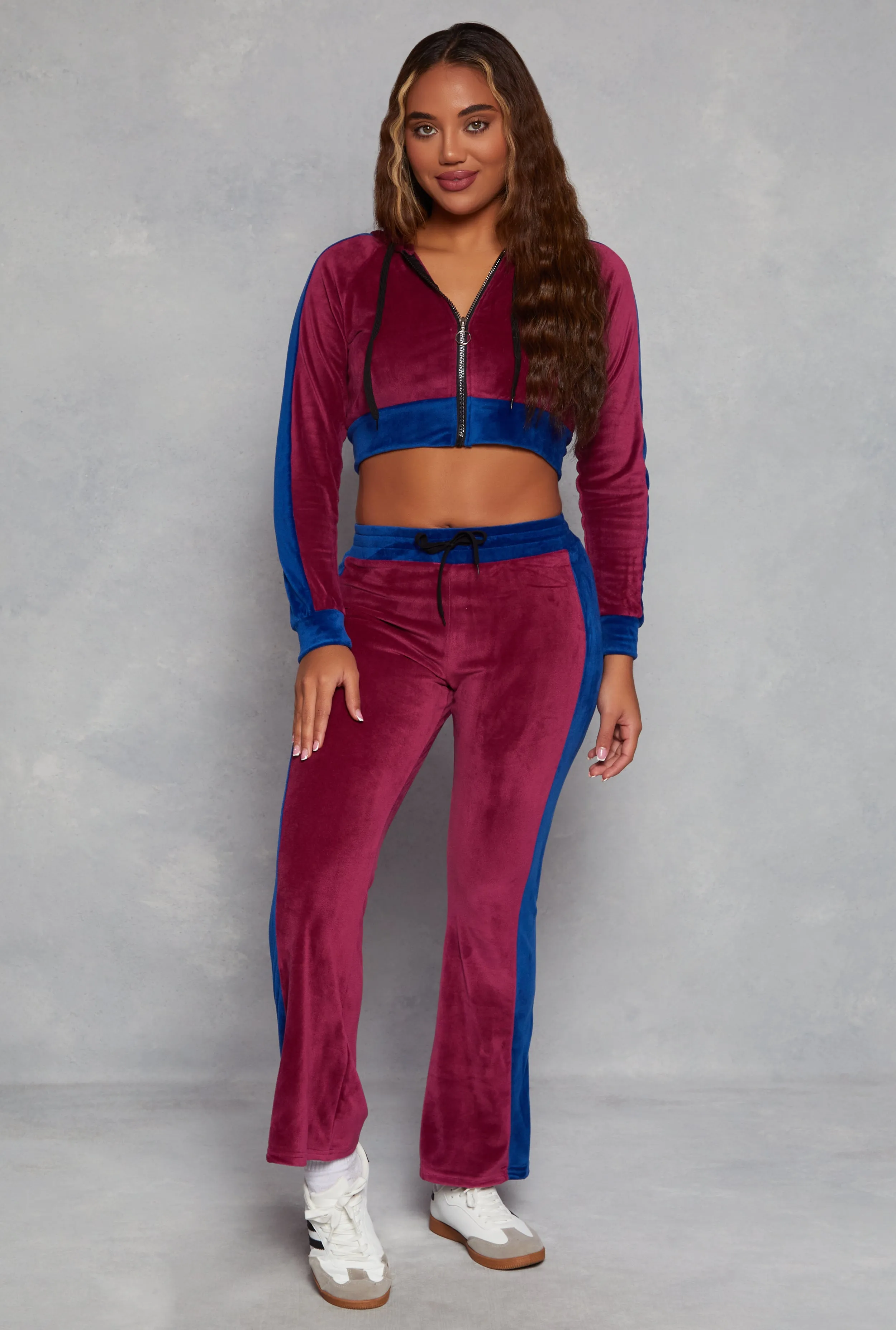 Velour Side Stripe Zip Front Cropped Hoodie sold by Rainbow product image thumbnail 2