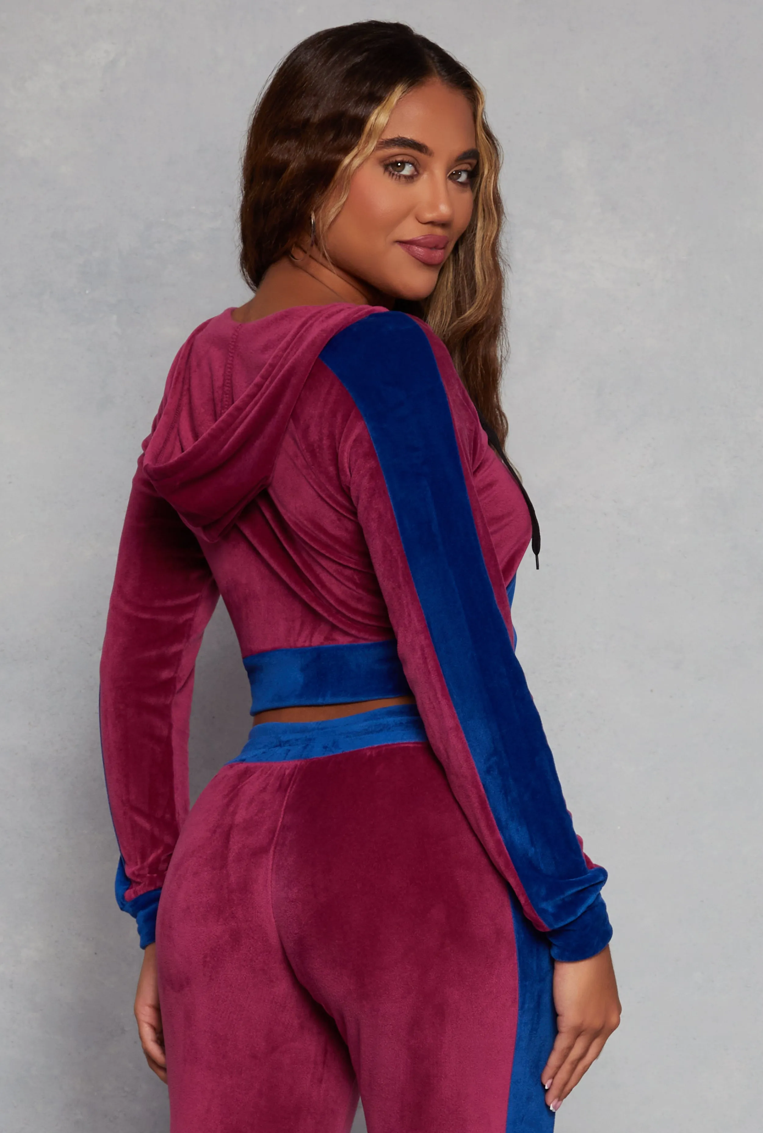 Velour Side Stripe Zip Front Cropped Hoodie sold by Rainbow product image thumbnail 3