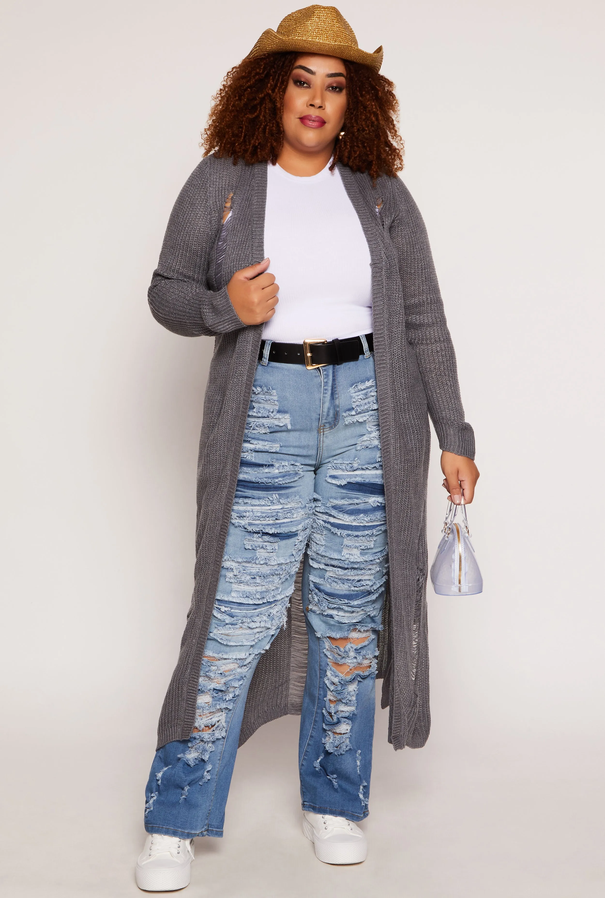 Plus Size Solid Distressed Long Cardigan sold by Rainbow product image thumbnail 2