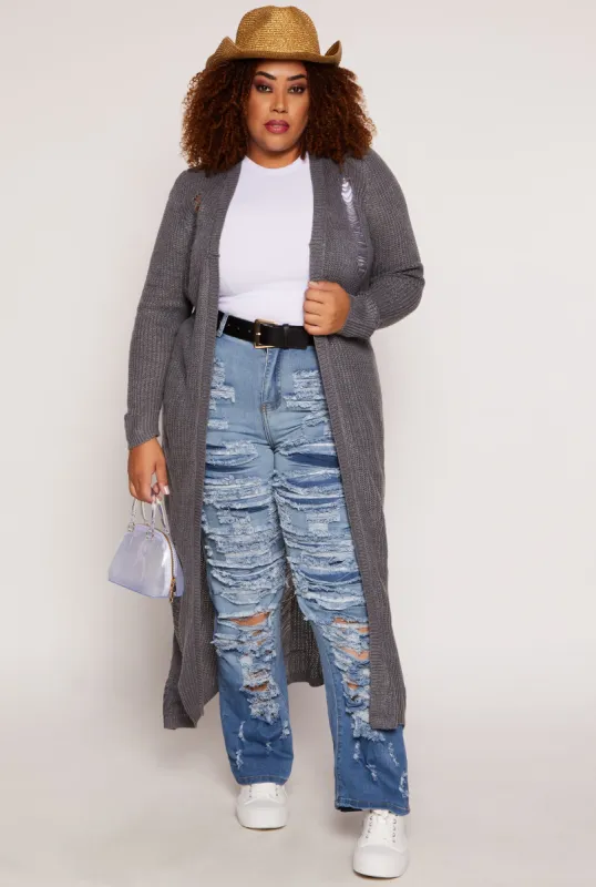 Plus Size Solid Distressed Long Cardigan sold by Rainbow