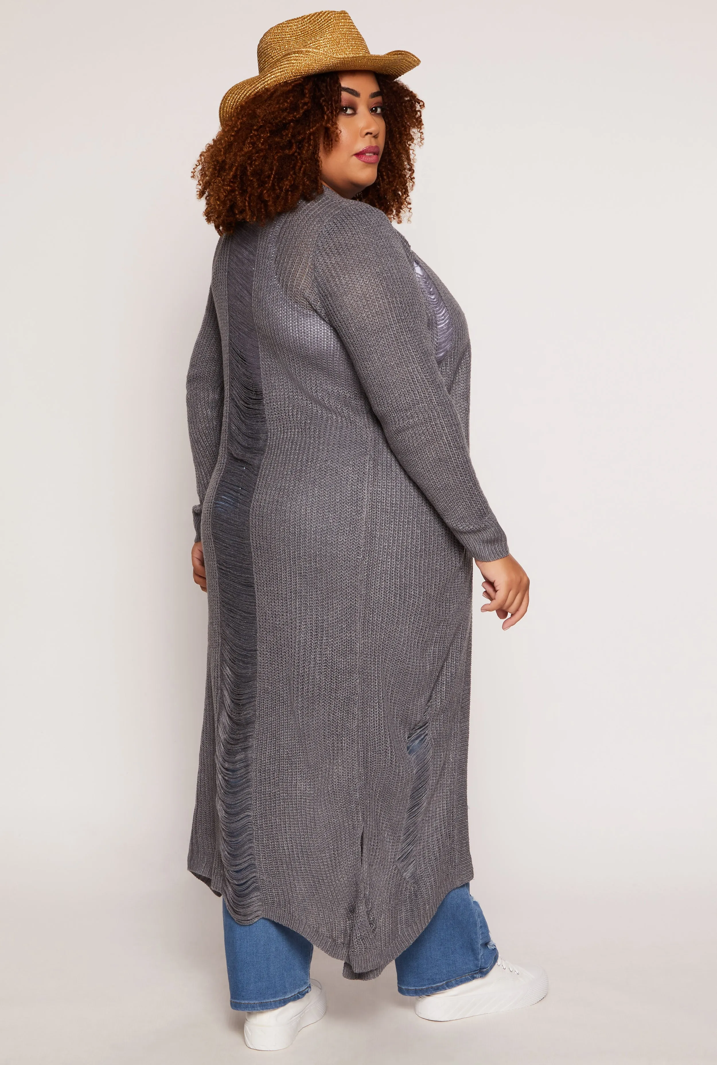 Plus Size Solid Distressed Long Cardigan sold by Rainbow product image thumbnail 3