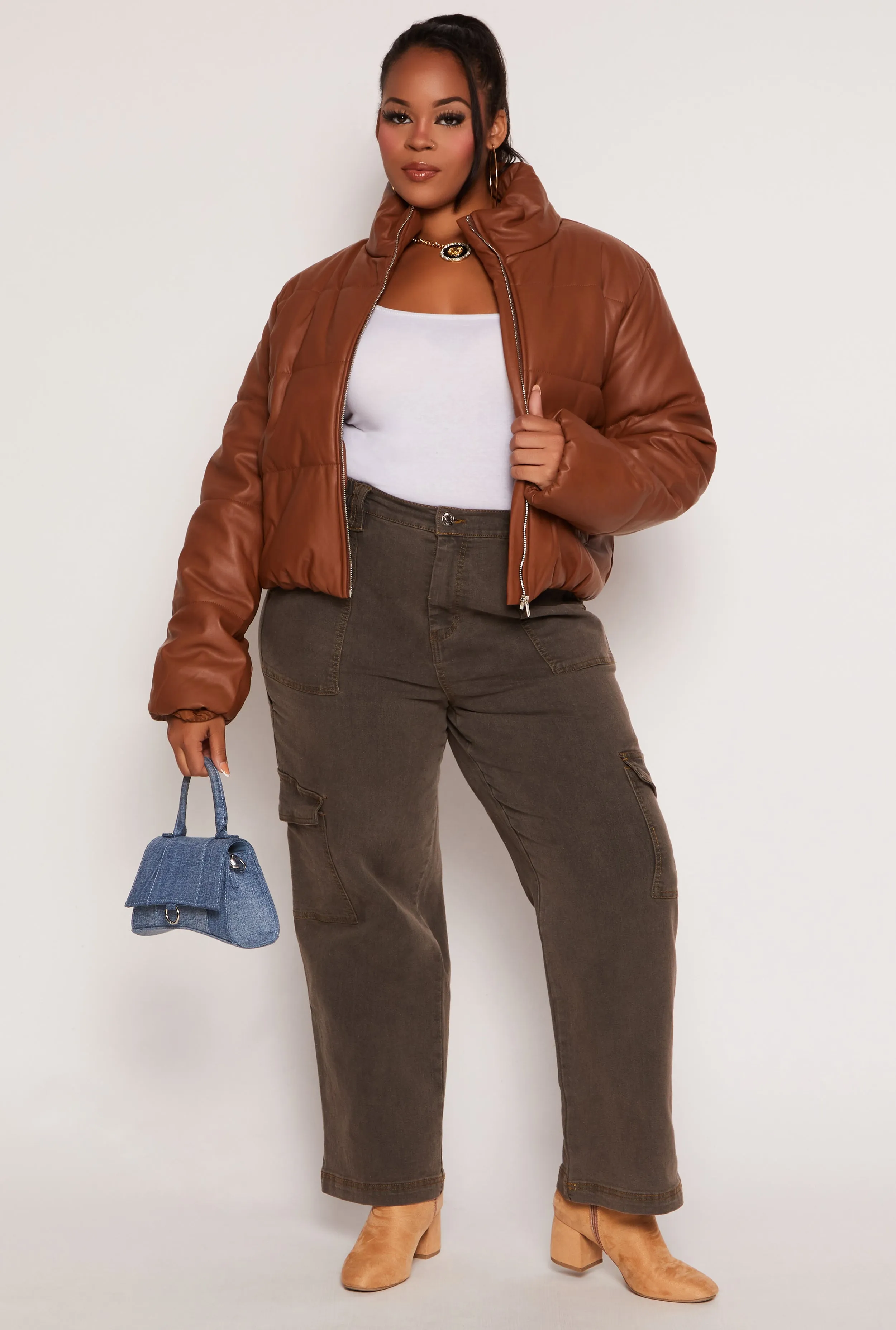 Plus Size Faux Leather Zip Front Long Sleeve Puffer Jacket sold by Rainbow product image thumbnail 2