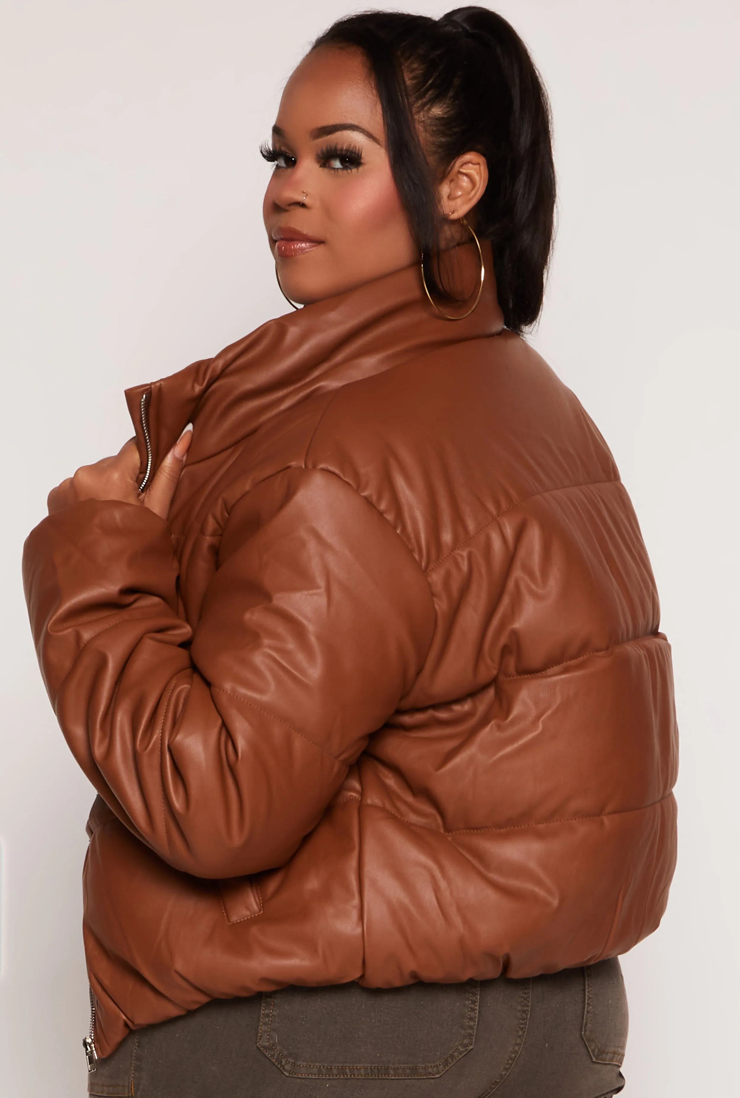 Plus Size Faux Leather Zip Front Long Sleeve Puffer Jacket sold by Rainbow product image thumbnail 3