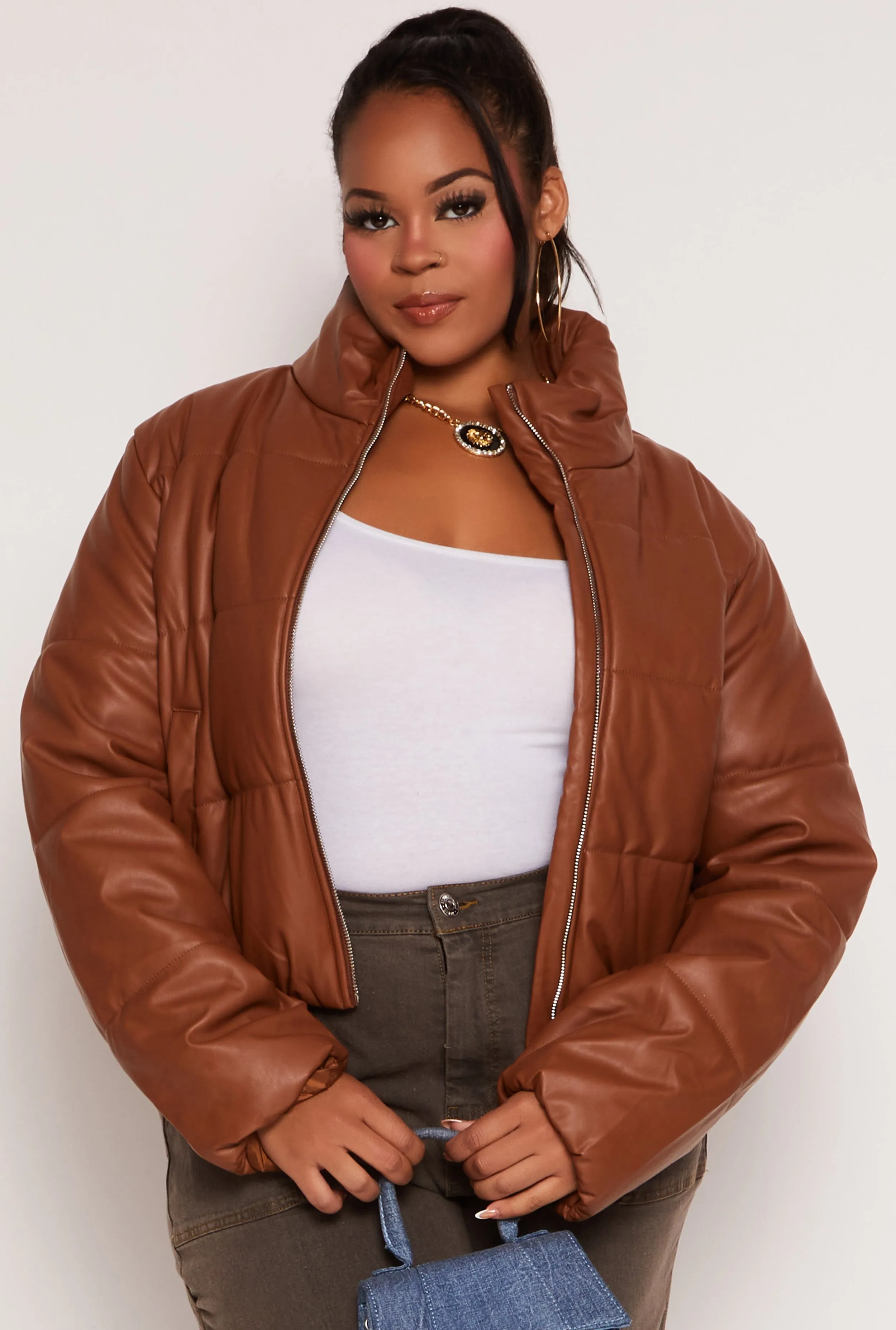 Plus Size Faux Leather Zip Front Long Sleeve Puffer Jacket sold by Rainbow