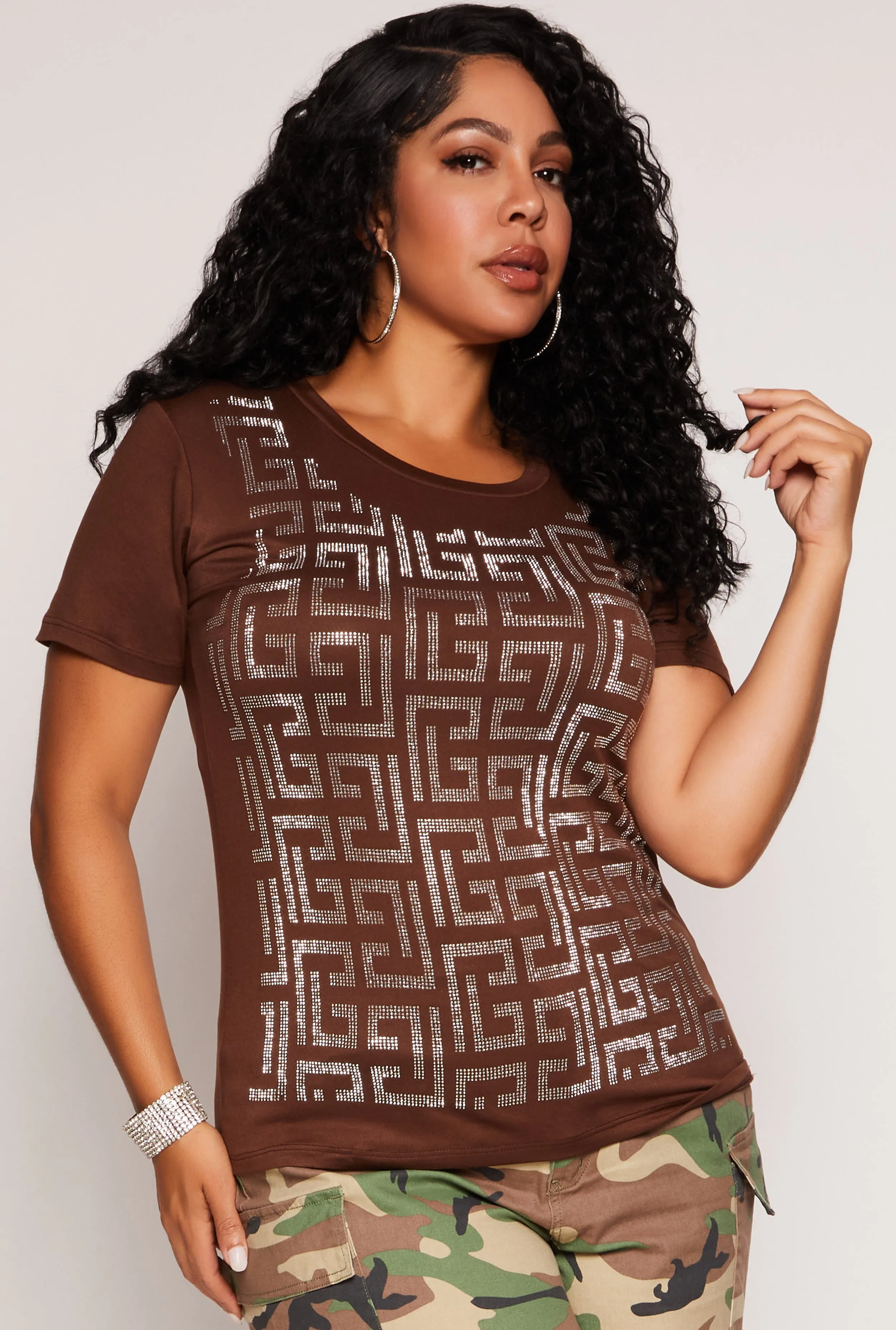 Plus Size Geometric Rhinestone Short Sleeve Top sold by Rainbow