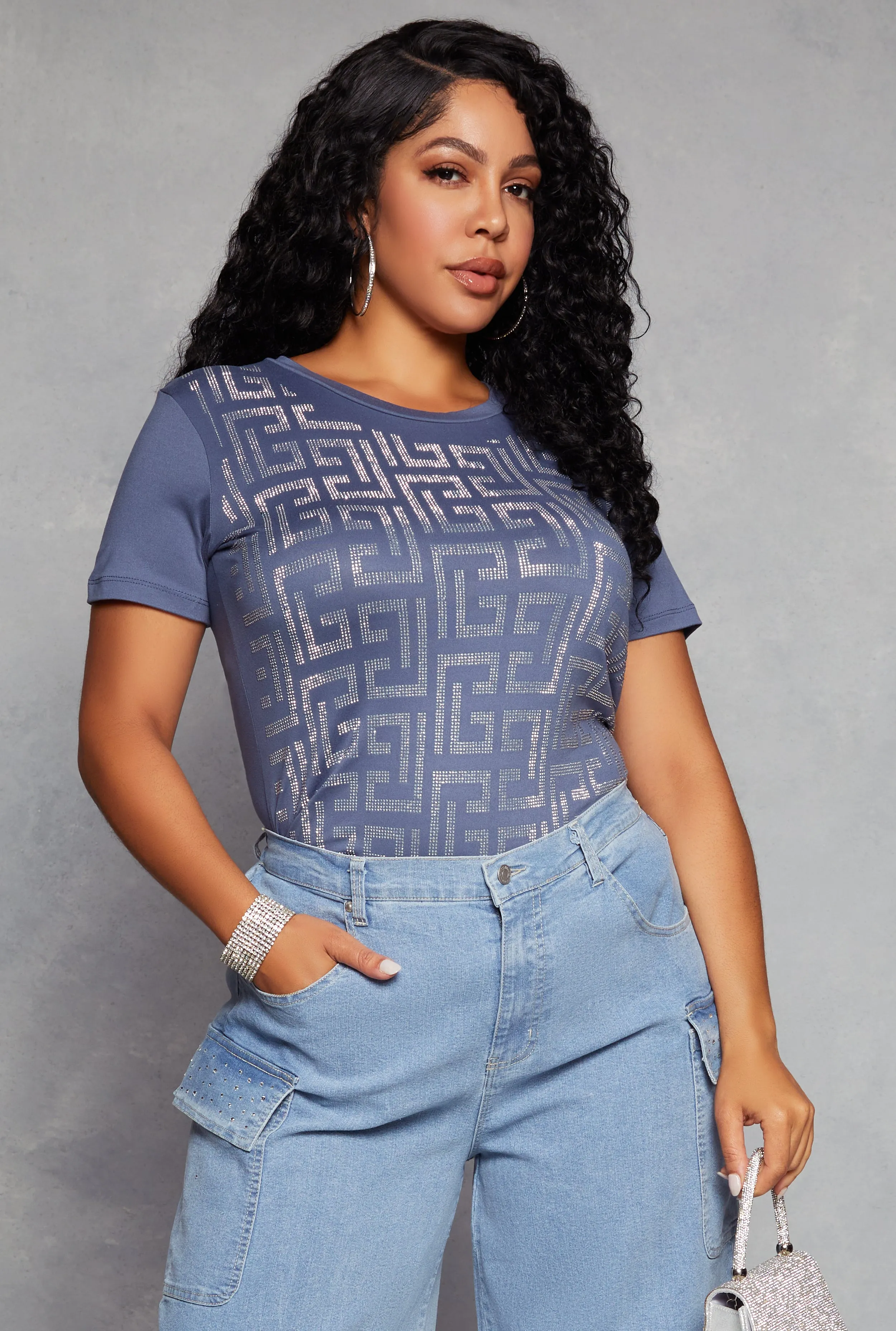 Plus Size Geometric Rhinestone Short Sleeve Top sold by Rainbow