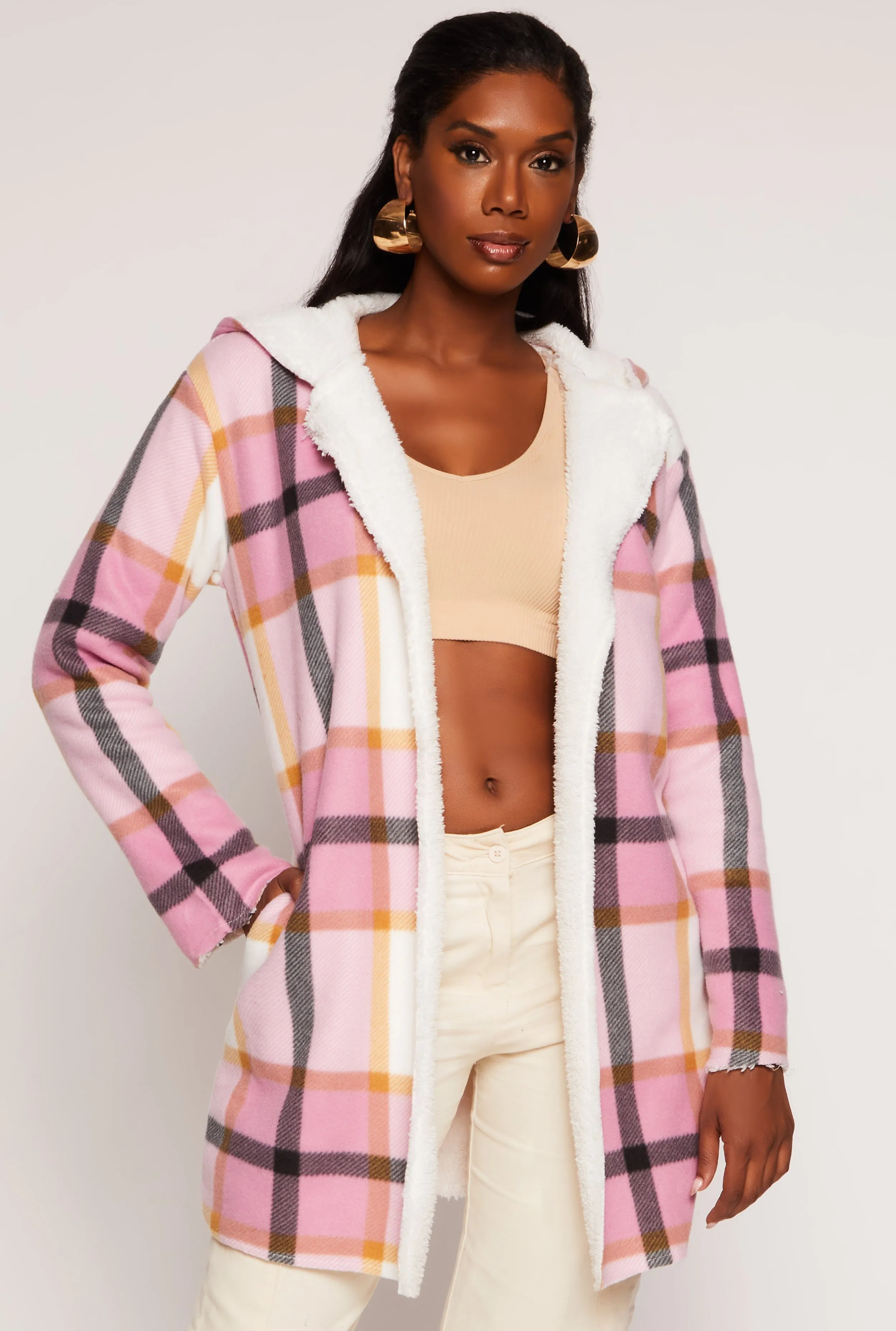 Plaid Sherpa Lined Hooded Coat sold by Rainbow