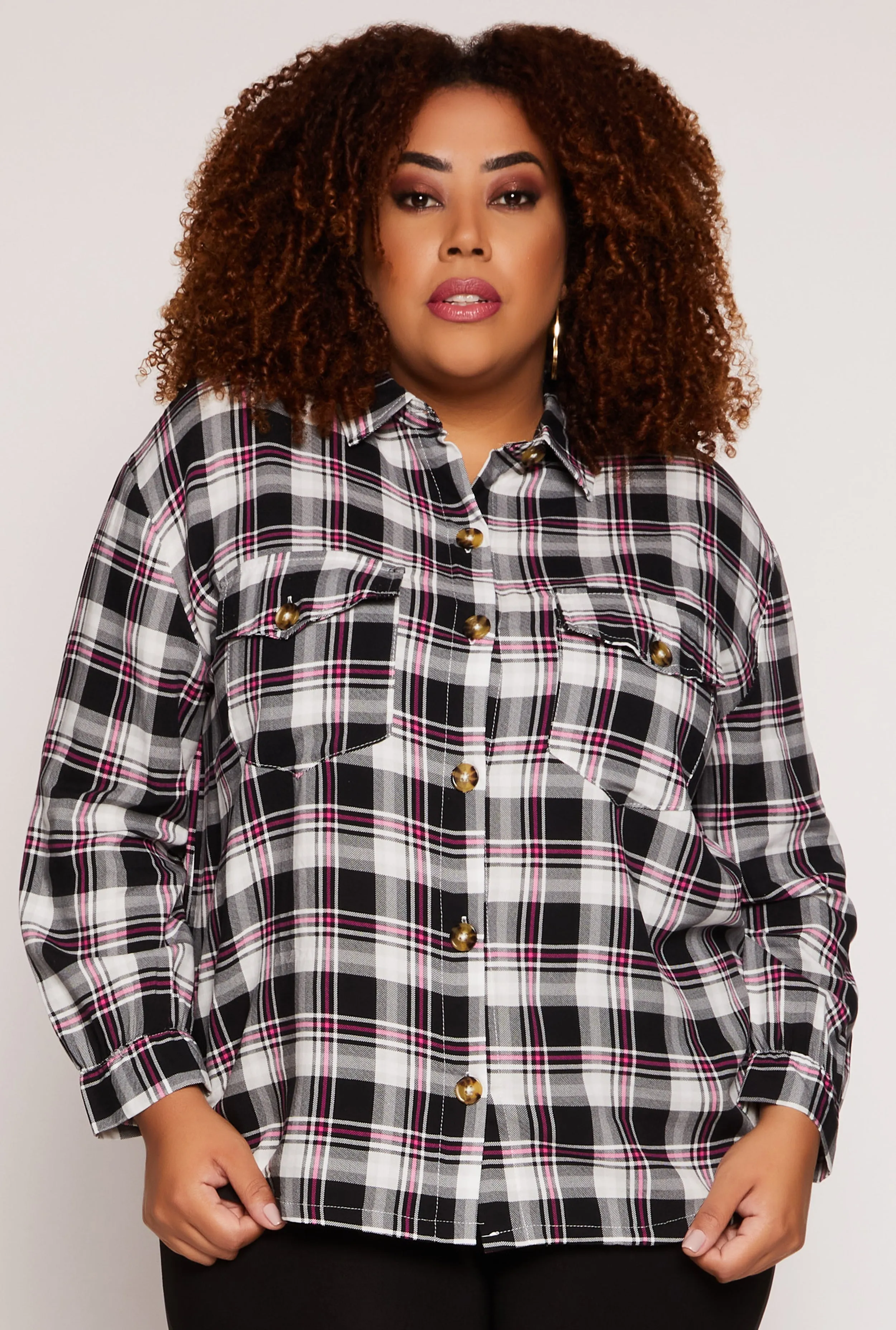 Plus Size Plaid Button Front Long Sleeve Shirt sold by Rainbow