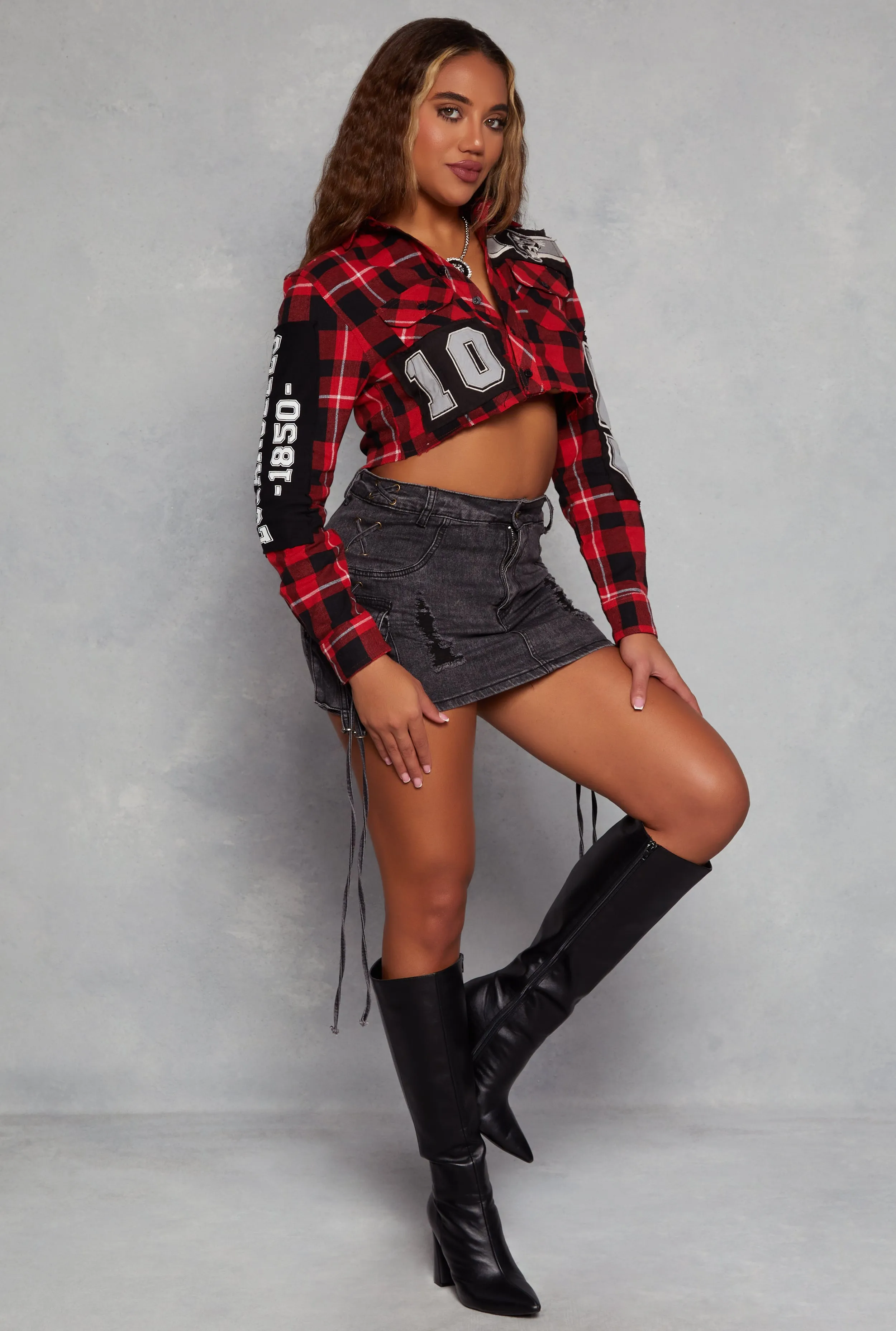 Graphic Patch Plaid Cropped Shirt sold by Rainbow product image thumbnail 2