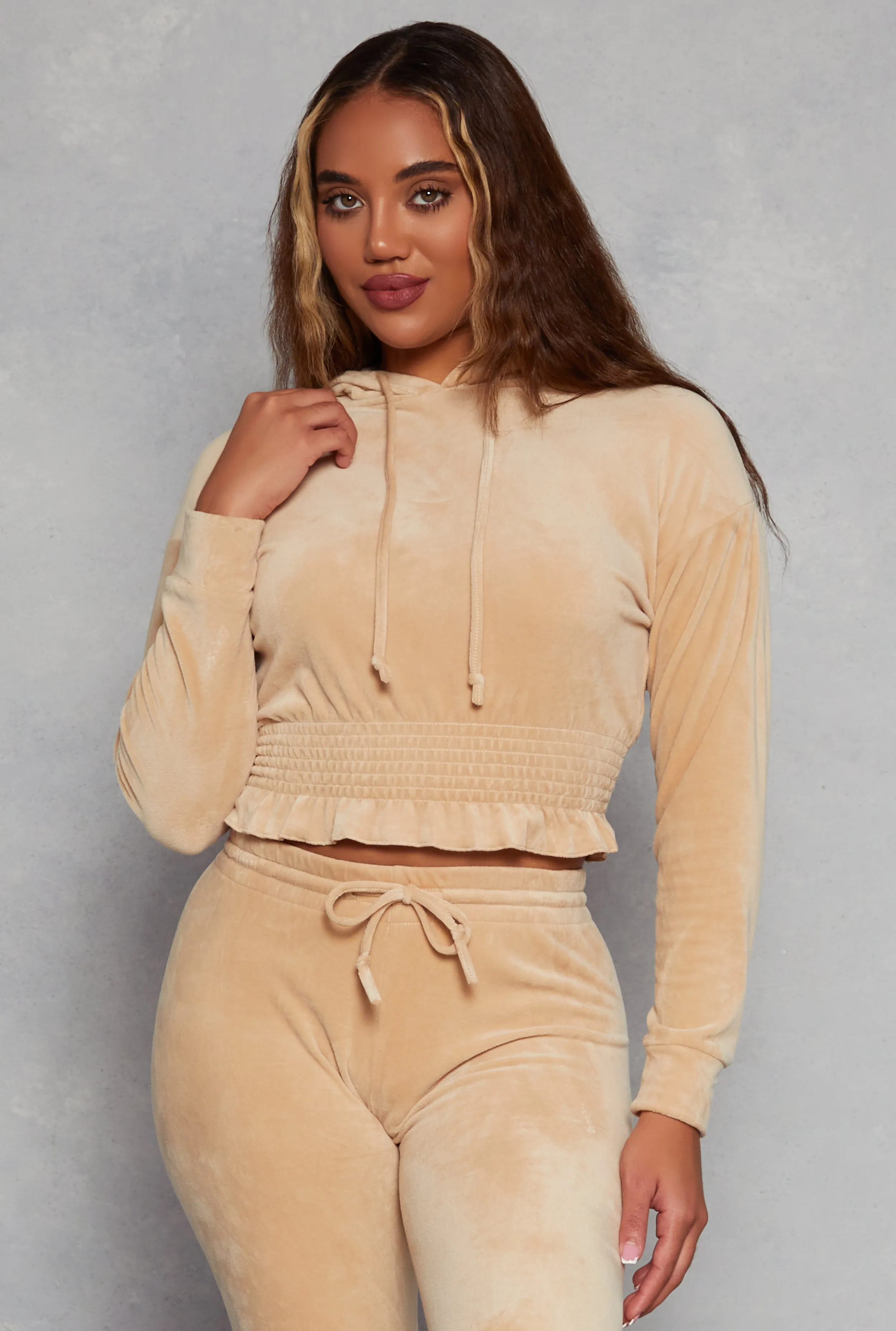 Velour Smocked Hem Pullover Hoodie sold by Rainbow