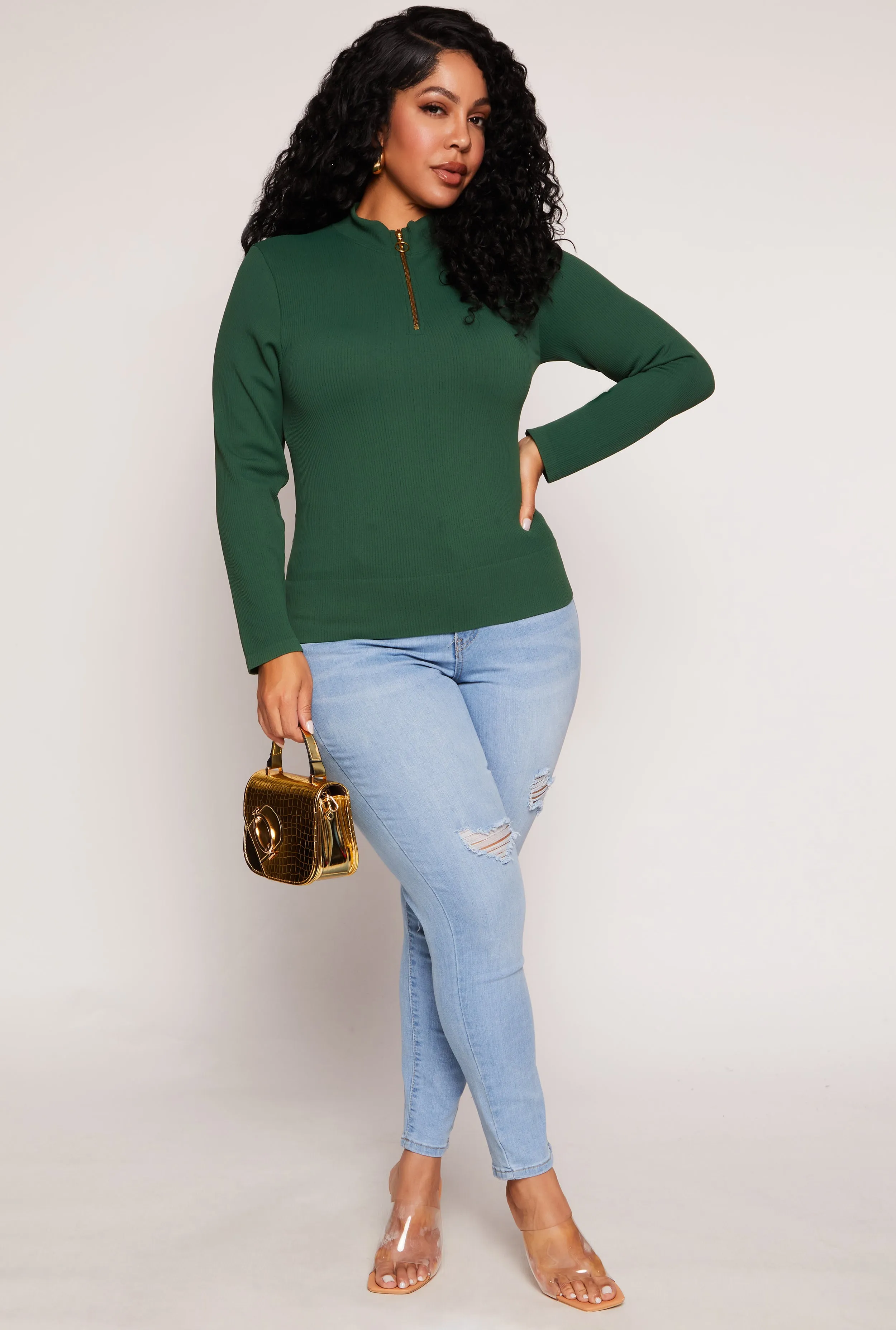 Plus Size Seamless Ribbed Zip Neck Long Sleeve Top sold by Rainbow product image thumbnail 2