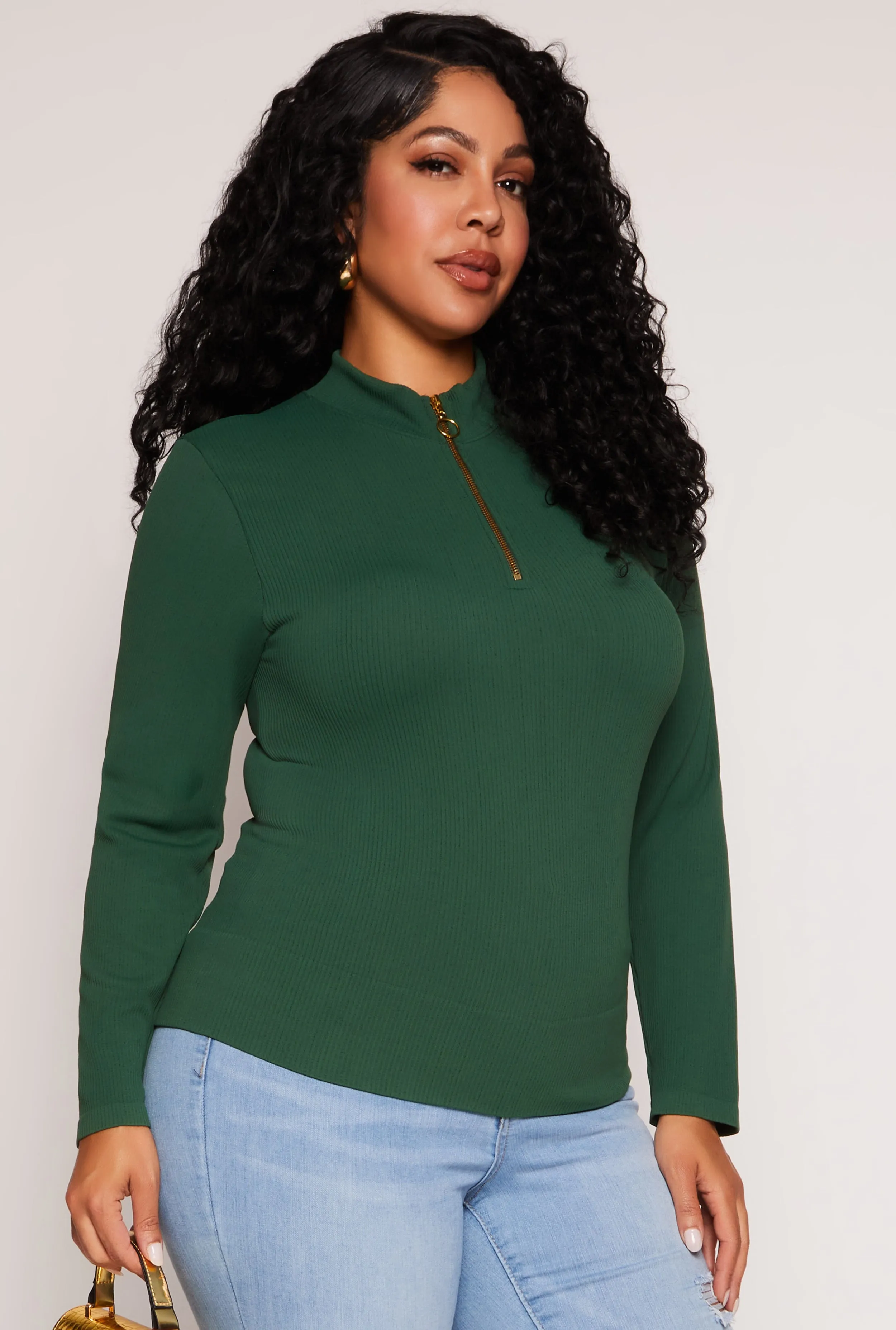Plus Size Seamless Ribbed Zip Neck Long Sleeve Top sold by Rainbow