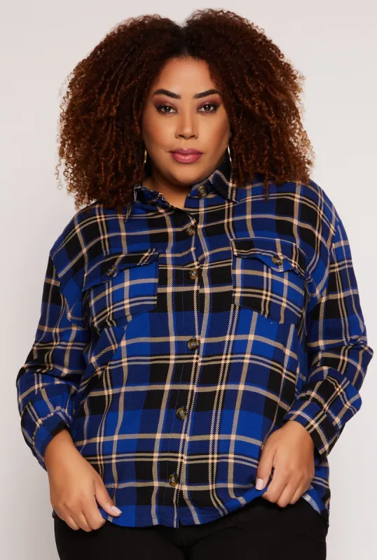 Plus Size Plaid Button Front Long Sleeve Shirt sold by Rainbow