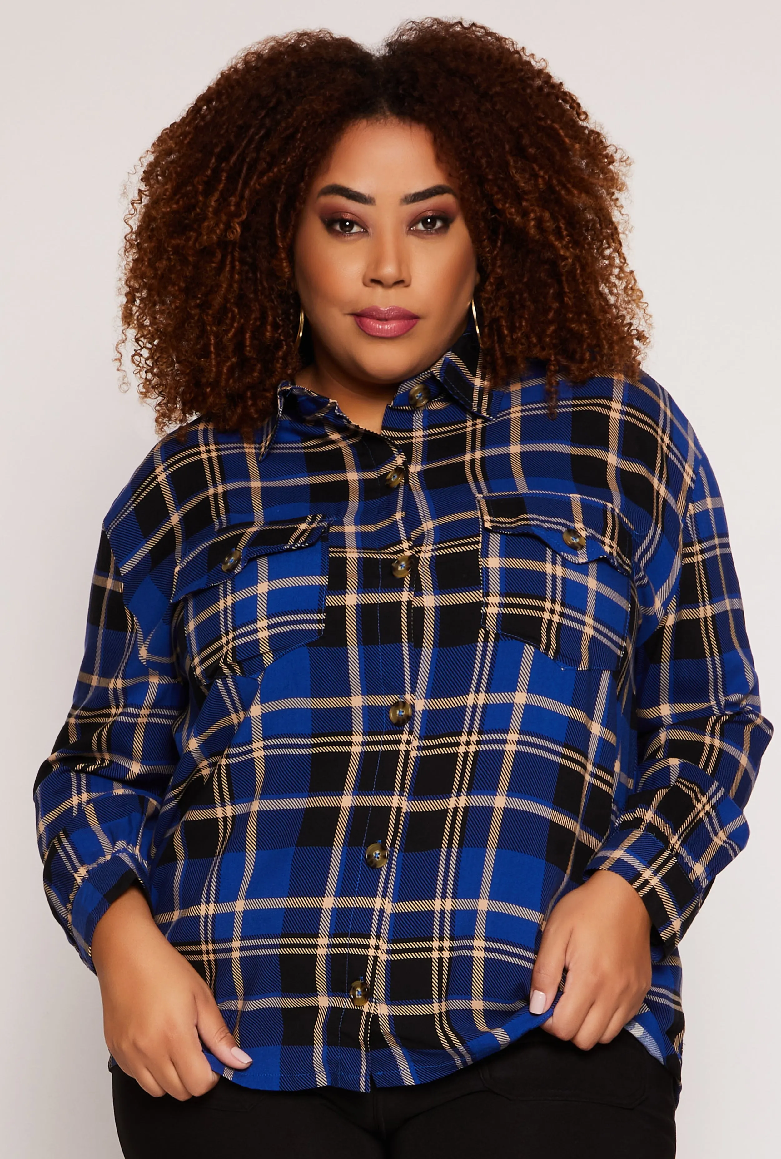Plus Size Plaid Button Front Long Sleeve Shirt sold by Rainbow