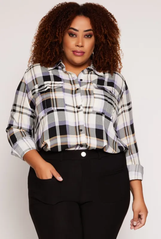 Plus Size Plaid Button Front Blouse sold by Rainbow