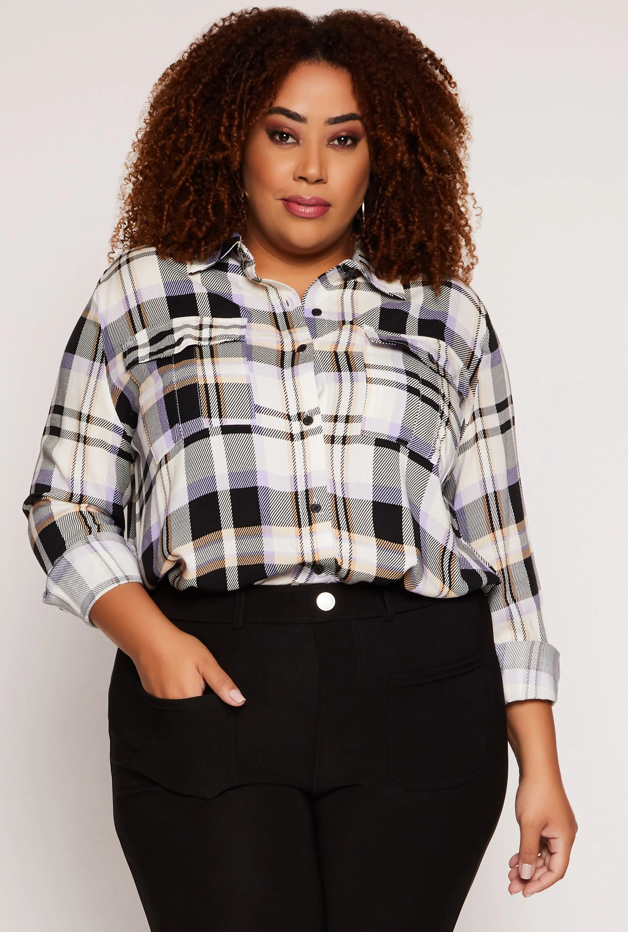 Plus Size Plaid Button Front Blouse sold by Rainbow
