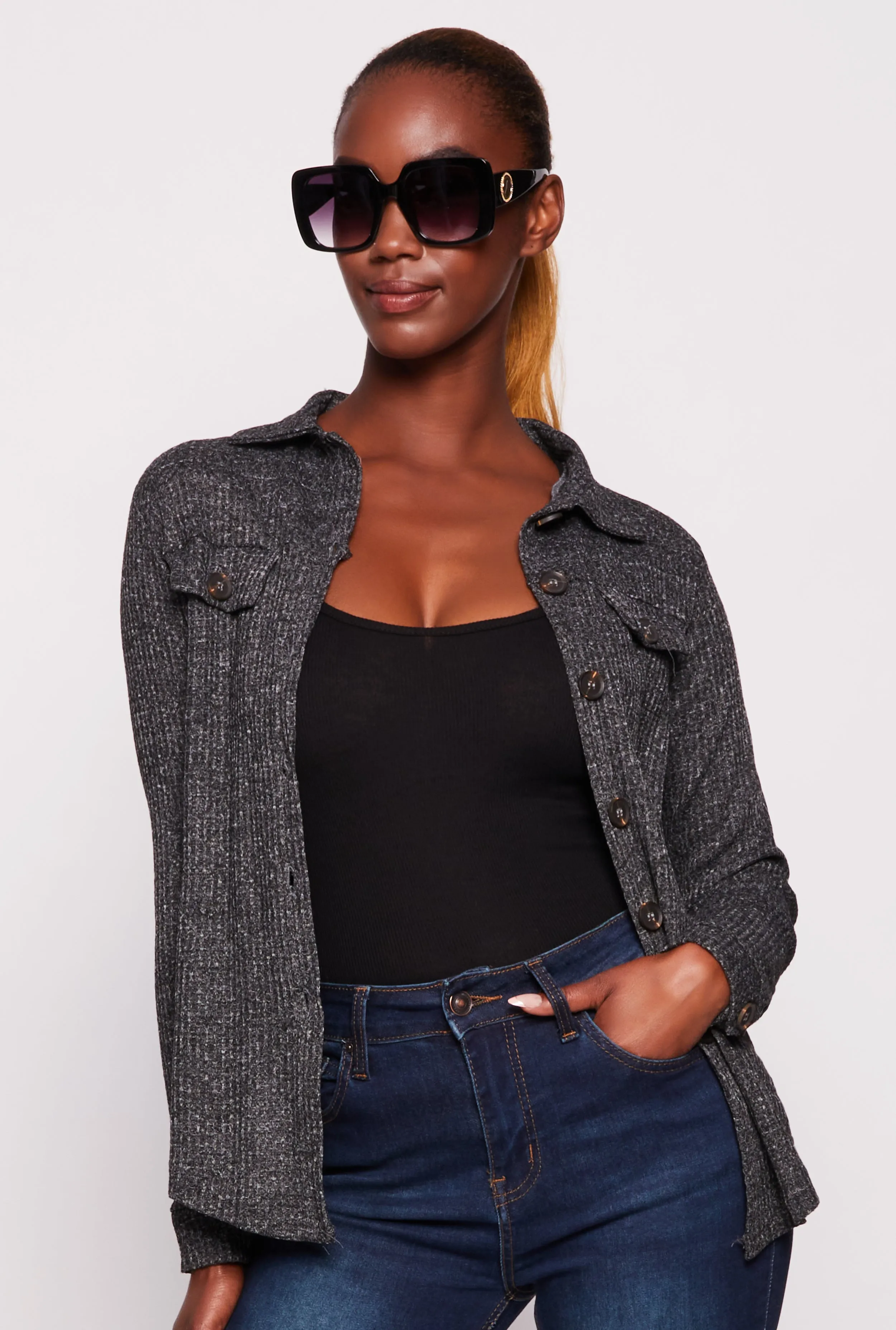 Waffle Knit Button Front Top sold by Rainbow