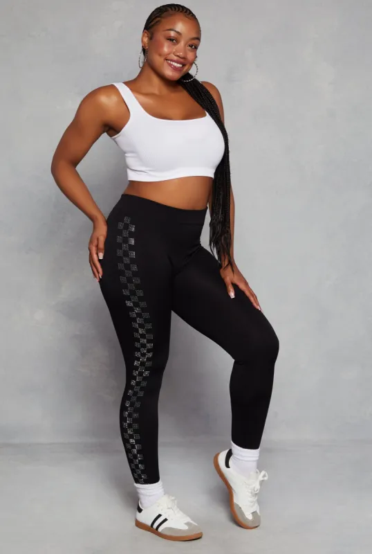Plus Size Rhinestone Checkered Side Detail Leggings sold by Rainbow