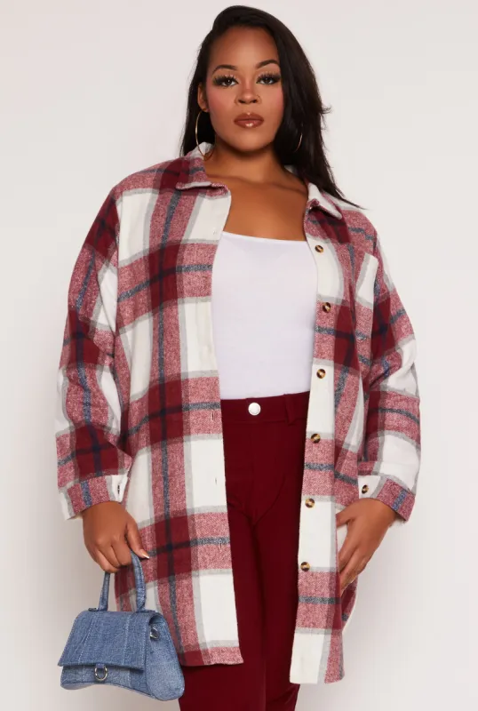 Plus Size Flannel Button Front Long Shacket sold by Rainbow