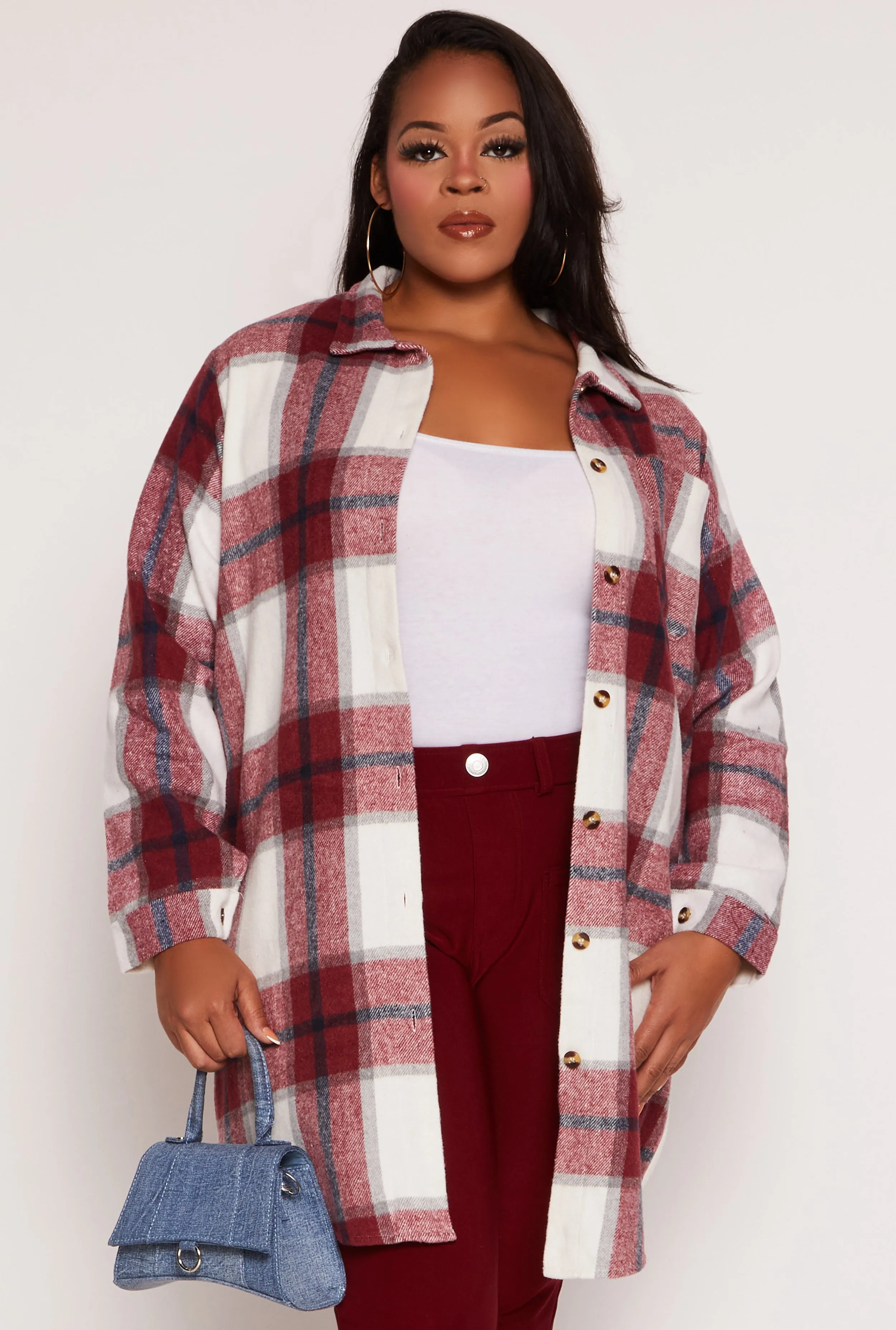 Plus Size Flannel Button Front Long Shacket sold by Rainbow