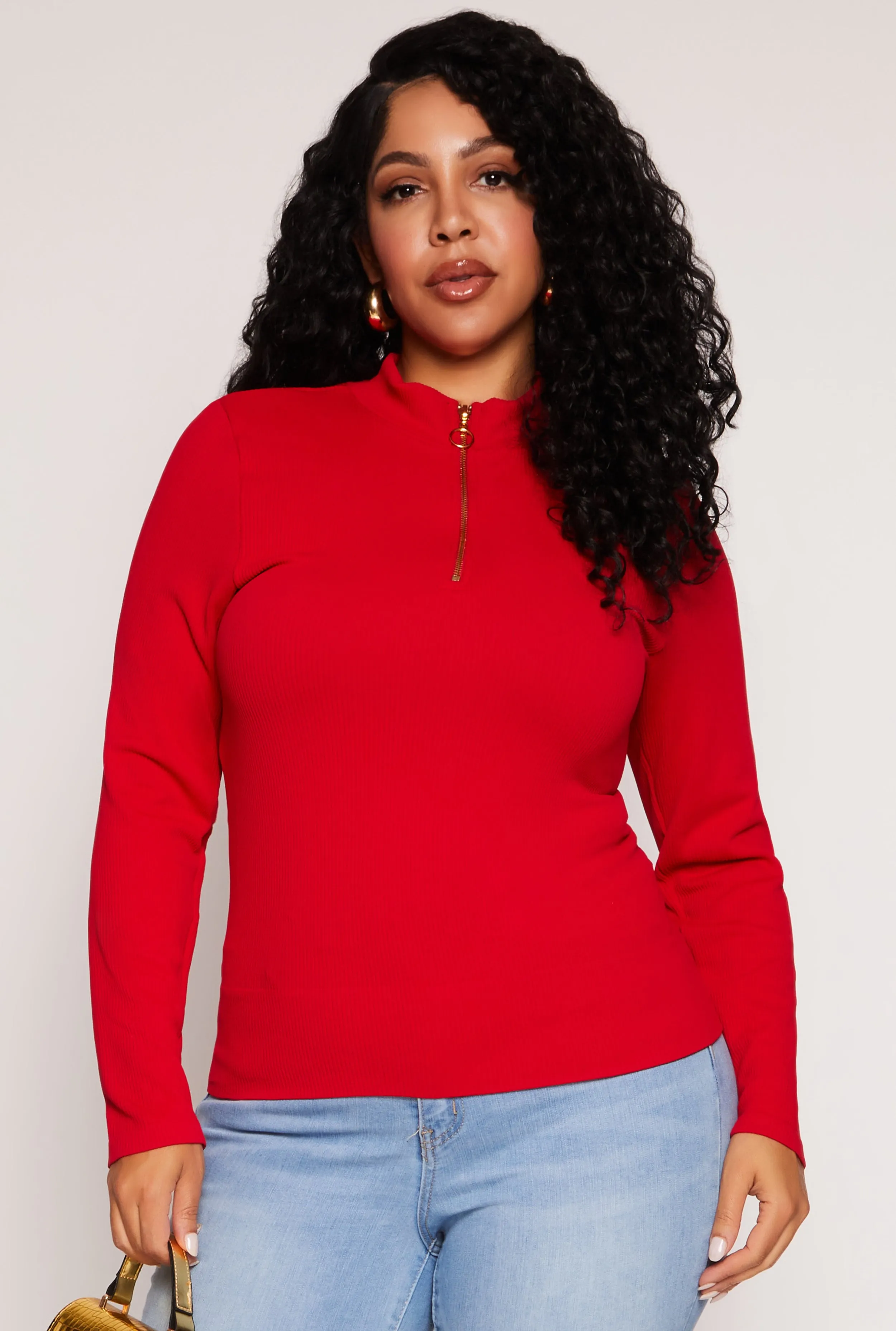 Plus Size Seamless Ribbed Zip Neck Long Sleeve Top sold by Rainbow