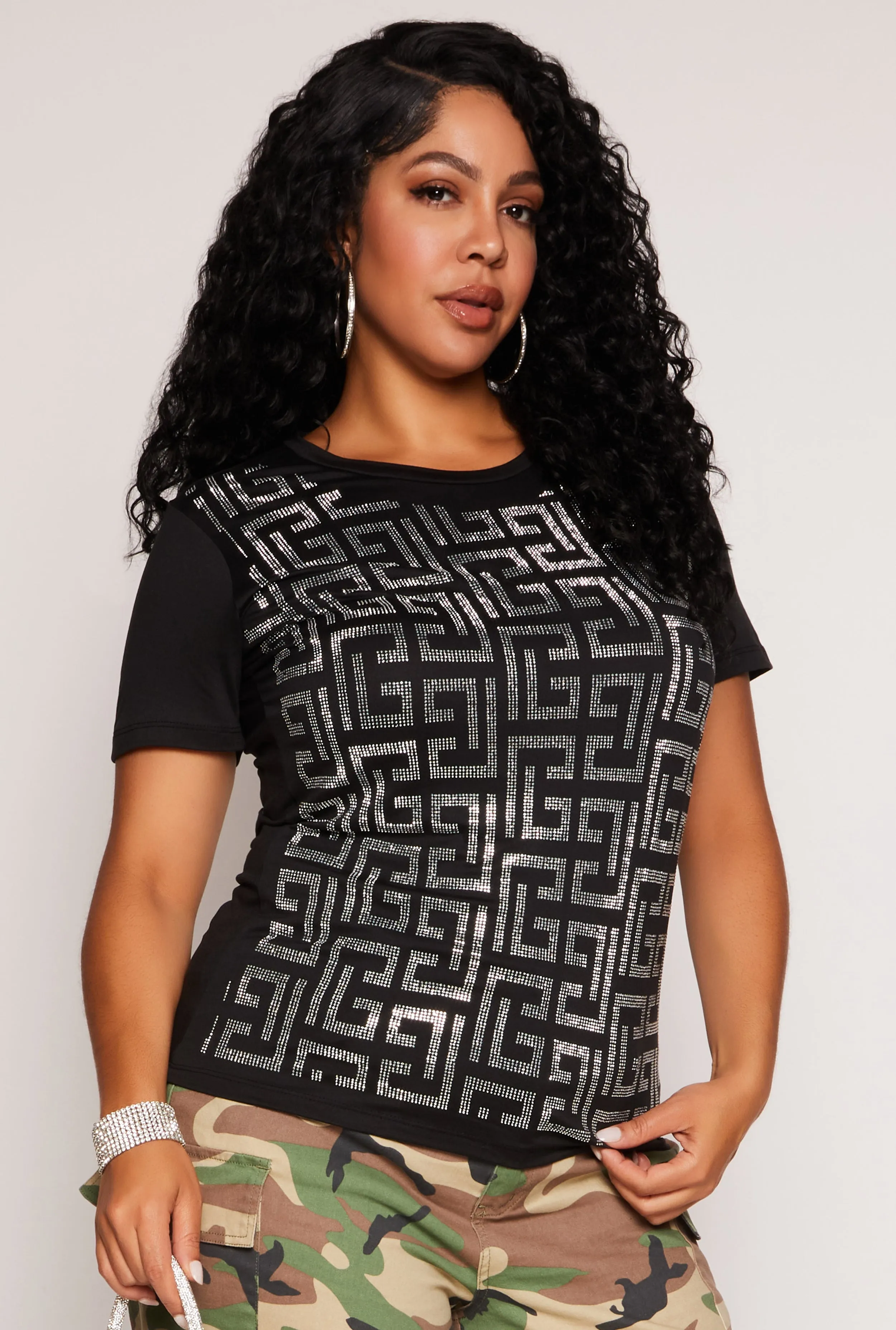 Plus Size Geometric Rhinestone Short Sleeve Top sold by Rainbow