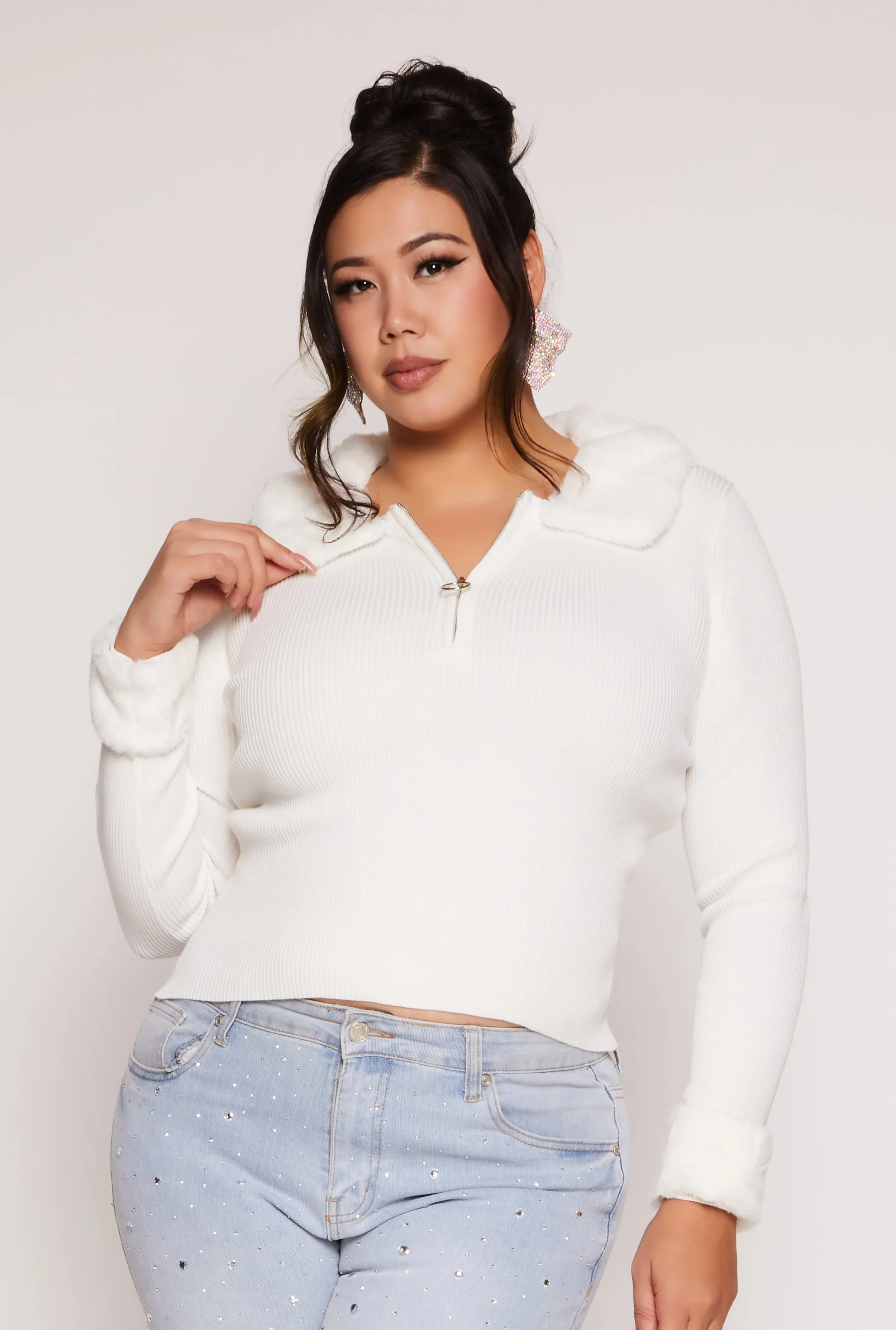 Plus Size Almost Famous Faux Fur Trim Sweater sold by Rainbow
