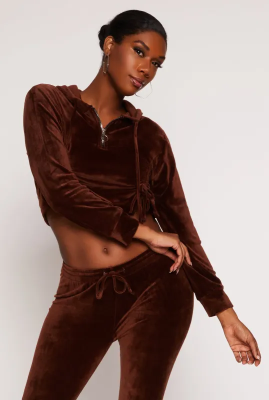 Velour Drawstring Ruched Half Zip Hoodie sold by Rainbow