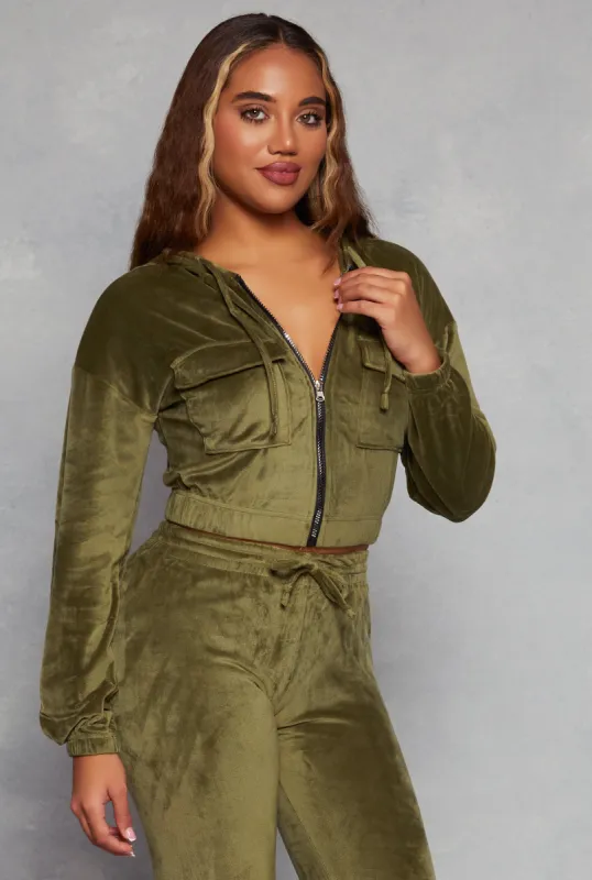 Velour Flap Pocket Zip Front Cropped Hoodie sold by Rainbow
