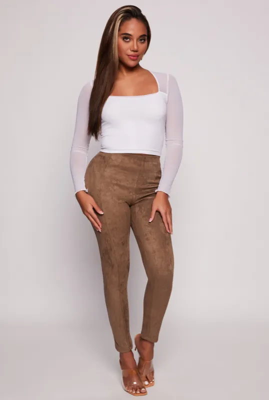 Faux Suede Pull On Pintuck Skinny Leg Pants sold by Rainbow