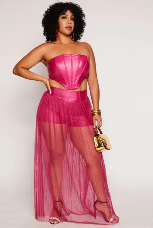 Plus Size Faux Leather Waist Mesh Pleated Maxi Skirt made by Rainbow