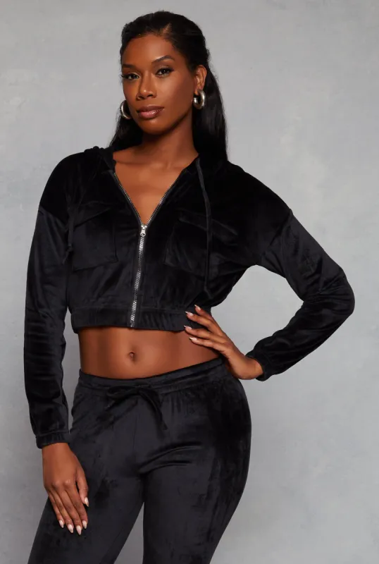 Velour Flap Pocket Zip Front Cropped Hoodie sold by Rainbow