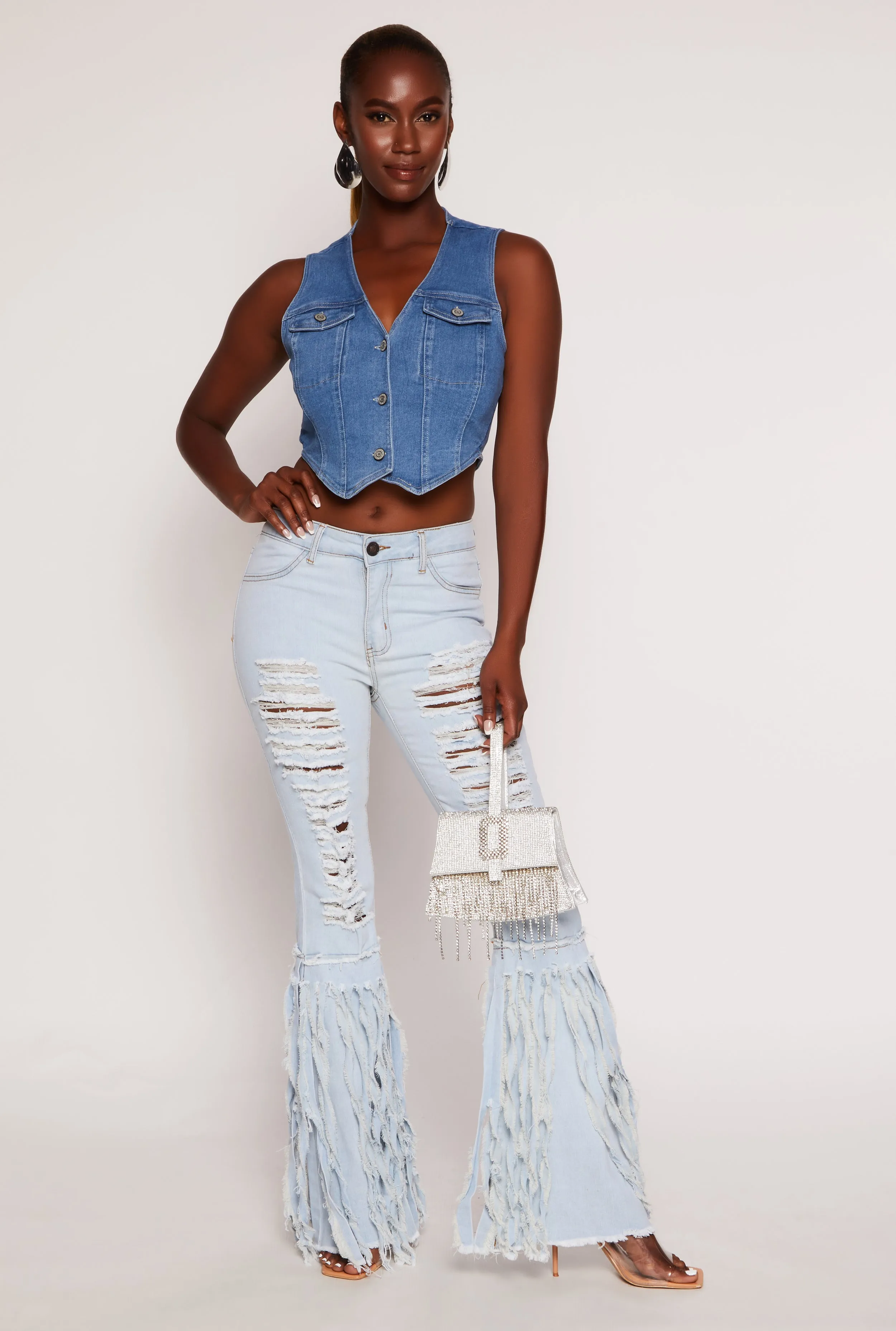 Distressed Frayed Fringe Flare Jeans sold by Rainbow